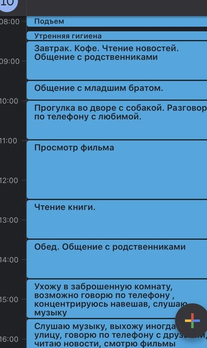 Calendar or schedule in Russian showing daily activities from 8 AM to 4 PM, including hygiene, breakfast, reading news, communication, watching movies, reading books, lunch, and walking the dog.