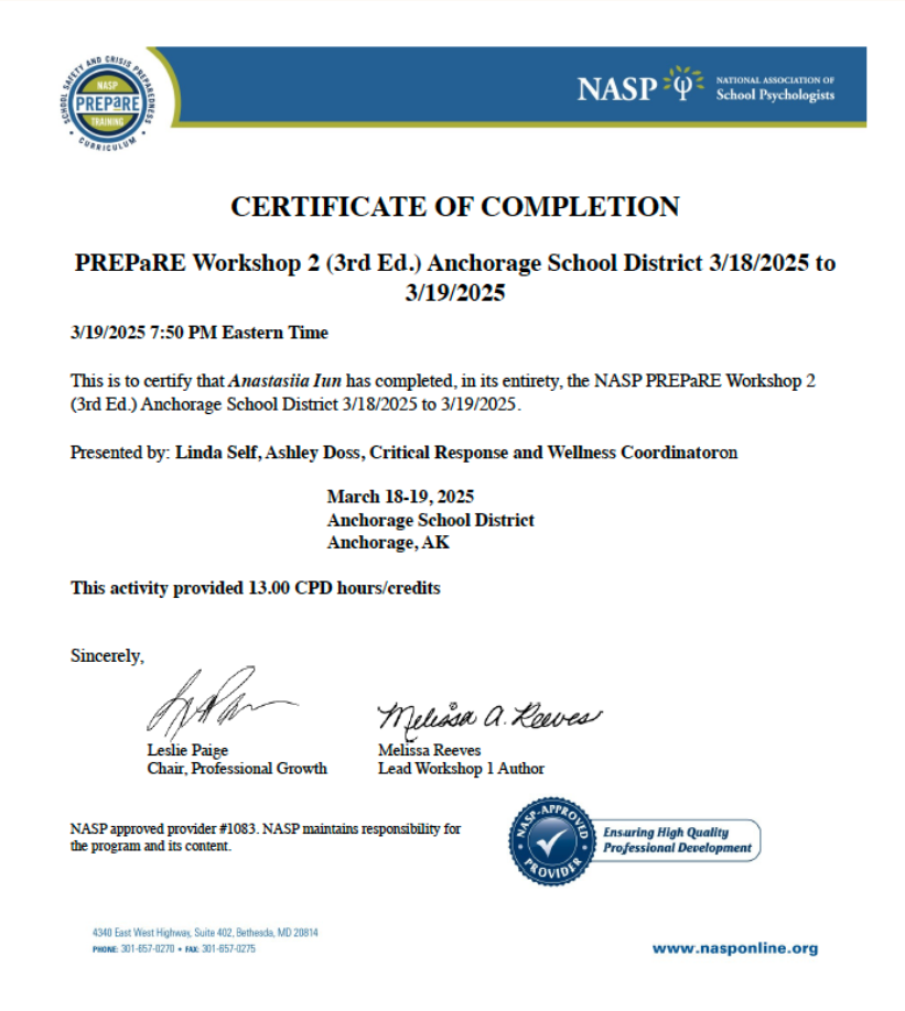 Certificate of completion issued to Annastasiia Iun for completing NASP PREPaRE Workshop 2 in Anchorage, Alaska, March 18-19, 2025.