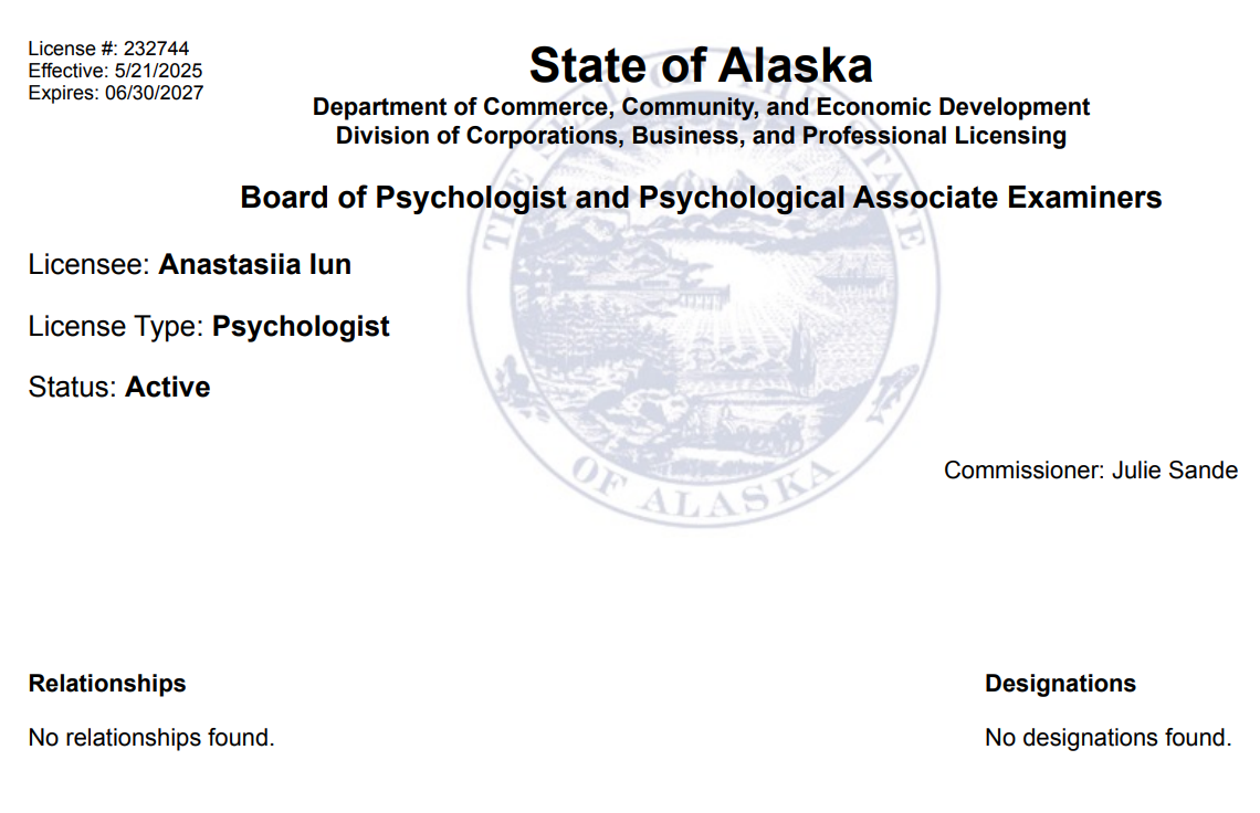 Alaska psychology license issued to Anastasja Iun, active, with commissioner Julie Sande's name, official seal faintly in background.