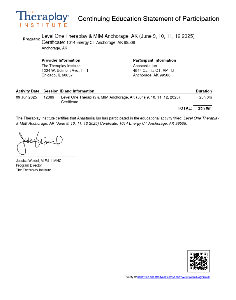 Continuing Education Statement of Participation certificate issued to Anastasiia Iun for Level One Therapy & MIM Anchorage, AK, June 9, 2025, issued by The Therapy Institute, signed by Jessica Weidel, Program Director.