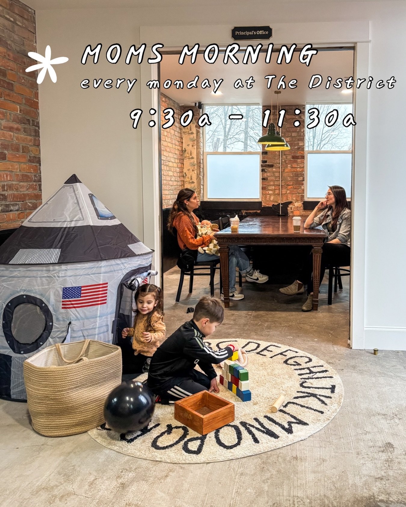 Hey Mom&rsquo;s 👋🏻 We see you. And we know the importance of community. So we created space just for you. 

Mom&rsquo;s Morning at The District
Every Monday | 9:30a&ndash;11:30a

Drop-off moms. Homeschool moms.
Moms with kids, moms without kids, mo