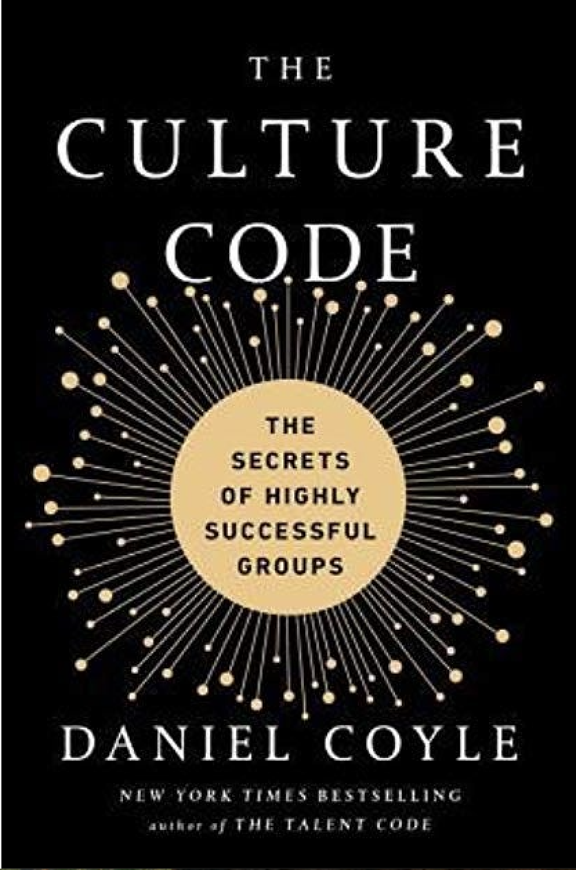 Book cover titled 'The Culture Code' by Daniel Coyle with a black background, white text, and a gold circular design with radiating lines and dots.