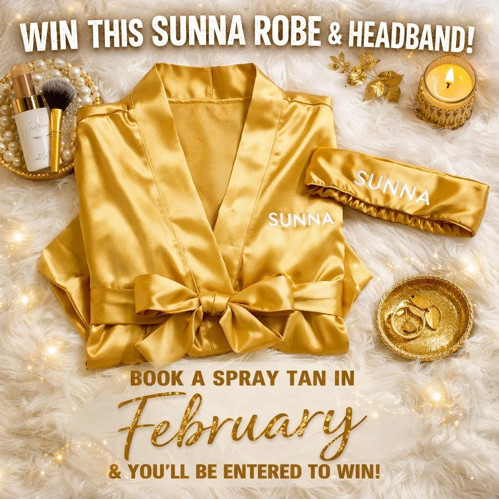 ✨ FEBRUARY GIVEAWAY ✨
Book a spray tan in February and you&rsquo;ll be entered to WIN this dreamy Sunna gold robe + headband 🤍
Because glowing skin deserves a little luxury 💫
📅 Book your tan &rarr; glow &rarr; you&rsquo;re entered

📞 587-783-1252
