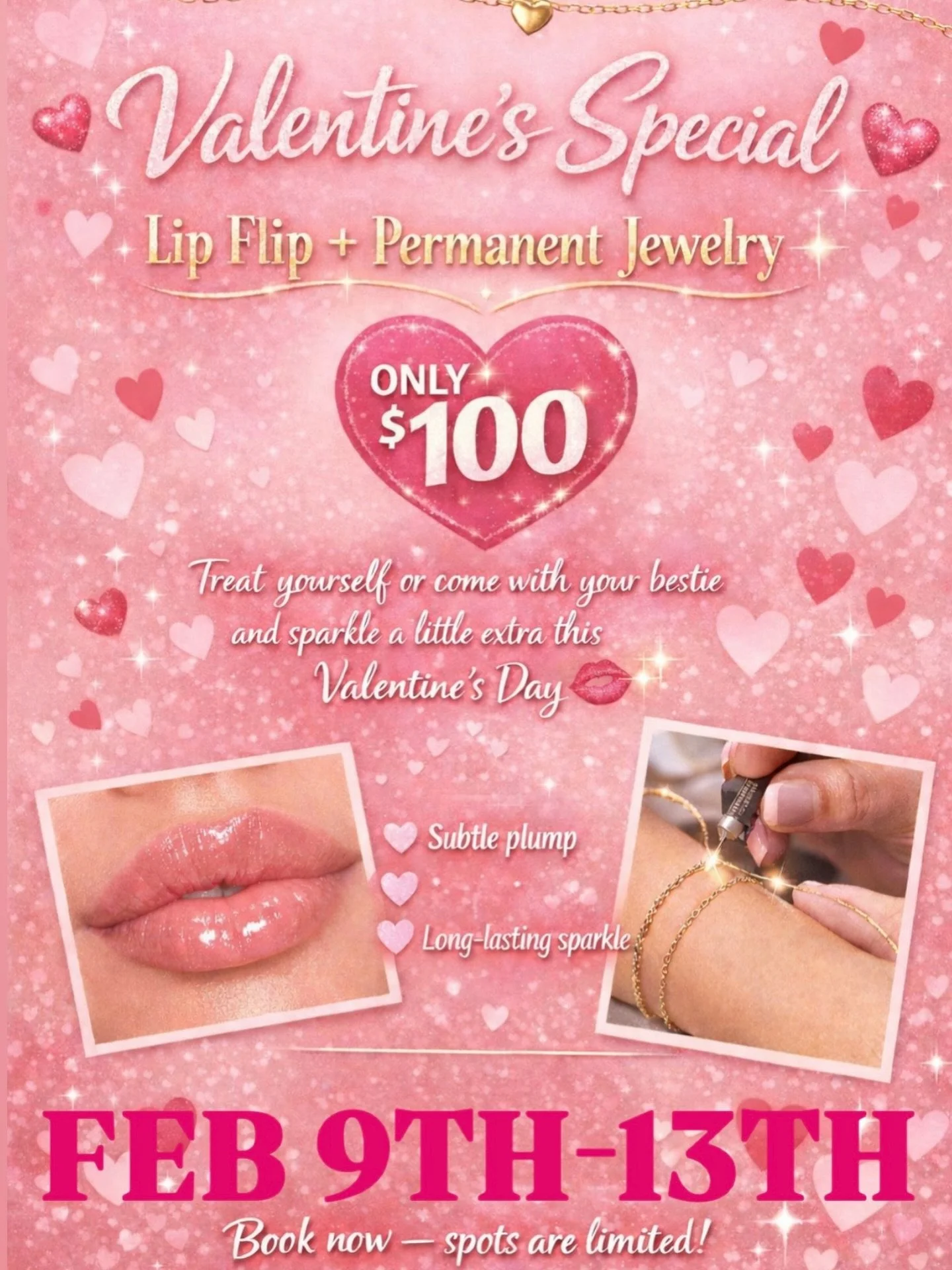 Valentines Day Special is LIVE 💕

Soft, natural, lips pair perfectly with sparkly permanent jewelry ✨ 
Treat yourself babes, you deserve it! (This also makes a great gift 😉)

Reach out to Rita or Amy to book 🎉

📞 587-783-1252 OR 780-206-7006