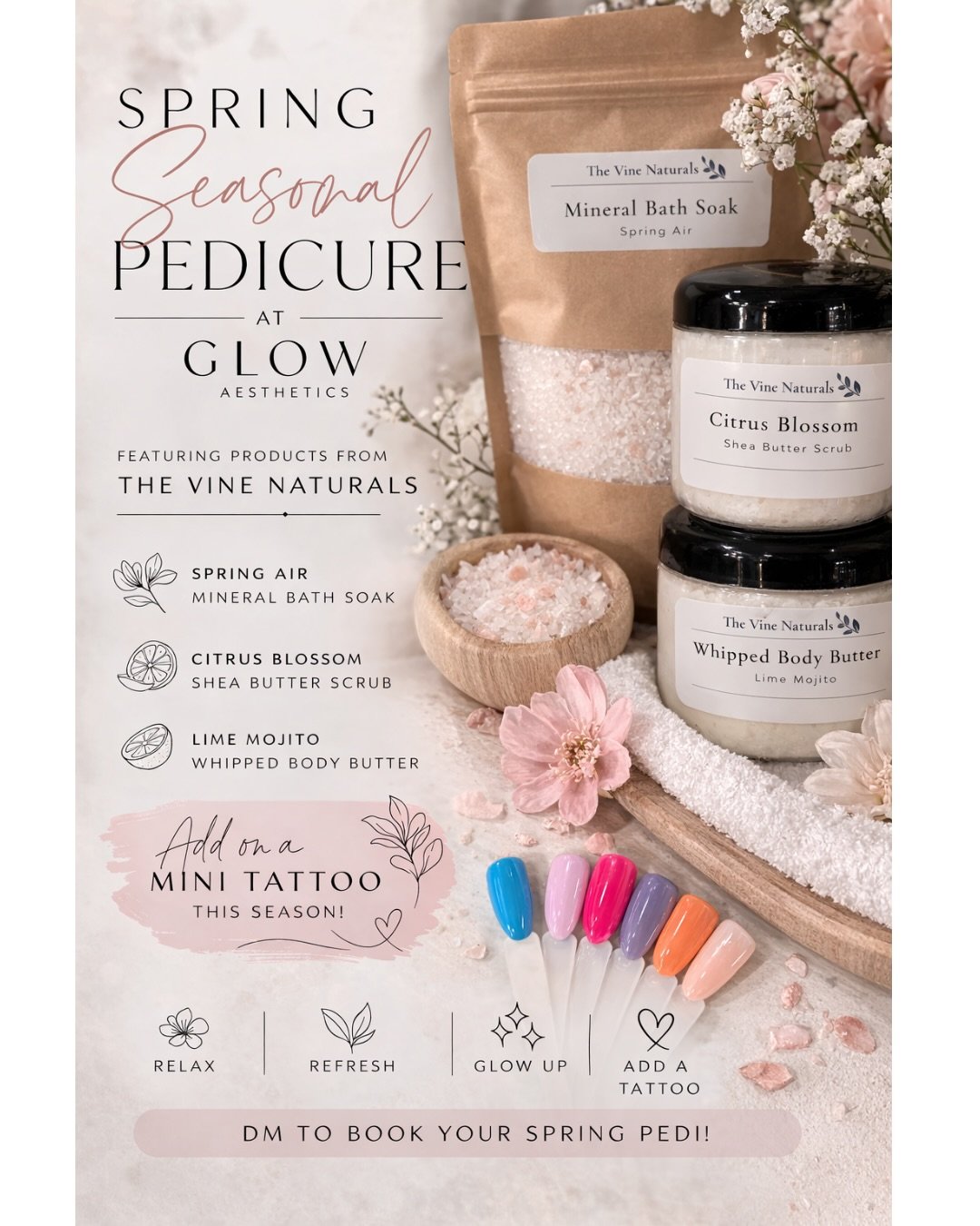 Starting Monday&hellip;..

Our Spring Seasonal Pedicure has arrived at Glow and it&rsquo;s one of my favourite treatments this season.

This pedi features beautiful products from The Vine Naturals &mdash; locally made, clean ingredients, and the scen