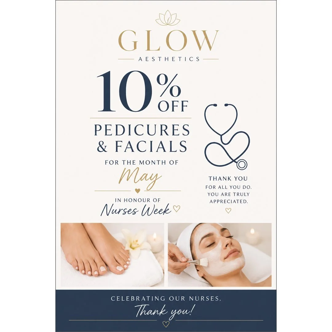 In honour of Nurses Week, we&rsquo;re saying a little thank you to the people who give so much every single day 🤍
Enjoy 10% off all pedicures &amp; facials for the month of May at Glow.
A small way for us to give back to those who care for everyone 