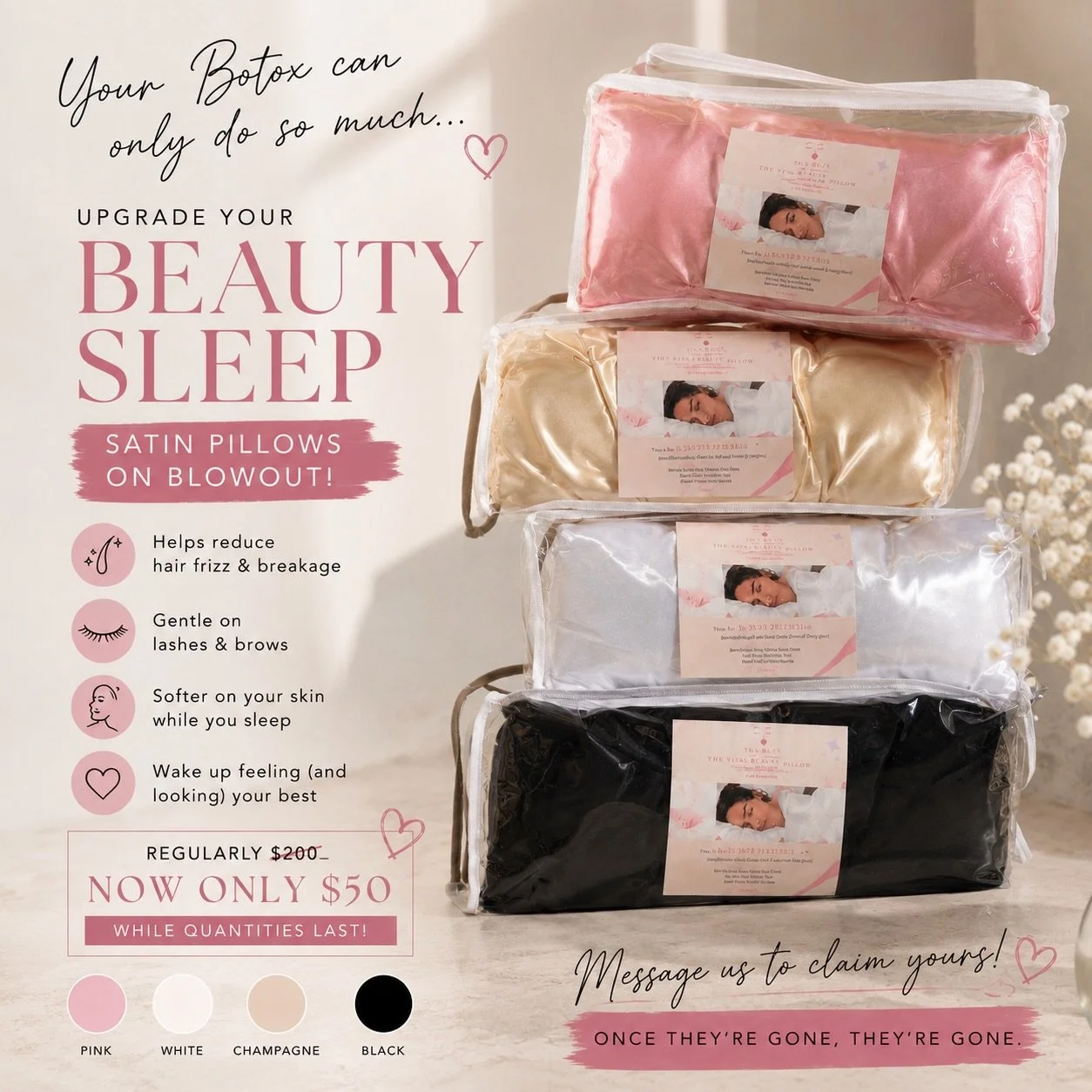 PILLOW SALE !

We are blowing out these satin pillows to make room for more new inventory! 

▪️Helps reduce hair fizz &amp; breakage
▪️ Gentle on lashes and brows
▪️ Softer on your skin while you sleep 
▪️ Available in pink, white, champagne and blac
