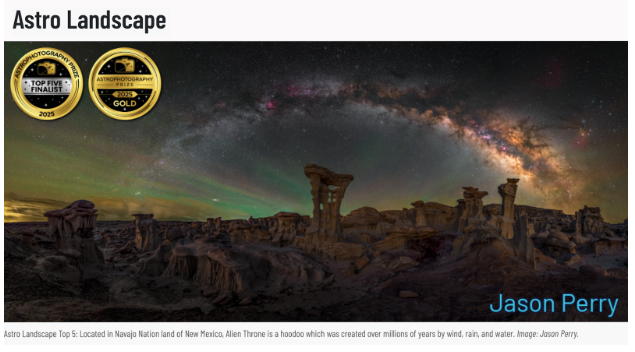 Nighttime view of the Navajo Nation landscape in New Mexico with the Milky Way galaxy and aurora borealis in the sky; rock formations, including a hoodoo, are silhouetted against the sky; text includes 'Astro Landscape' and awards, with photographer name Jason Perry.