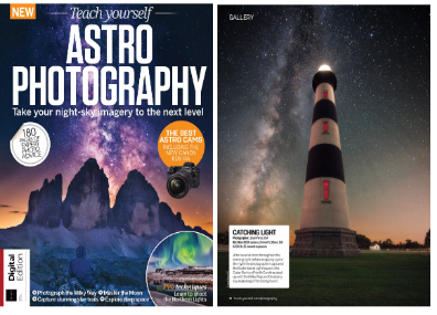 A magazine cover titled "Teach yourself Astro Photography" with an image of a mountain range and northern lights at night, alongside a camera icon. The pages displayed show a lighthouse under a starry sky with the Milky Way and a section titled "Catching Light."