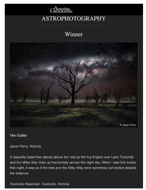 The cover of Australian Geographic Astrophotography winner features a night scene of a starry sky with the Milky Way galaxy above a landscape of leafless trees and grass, with a central large dead tree.