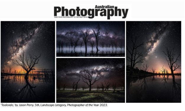 Collage of five night sky landscape photographs, including starry skies and silhouettes of trees over water, published in Australian Photography magazine.