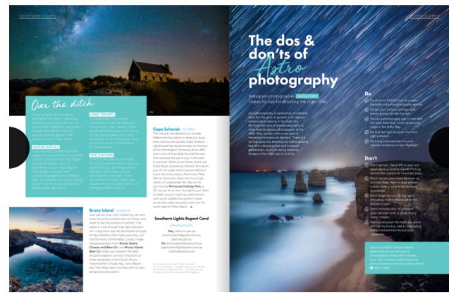 Two-page magazine spread featuring stunning nightscapes of stars over landscapes, including a starlit sky over a house at night and star trails over a rocky shoreline with calm waters.
