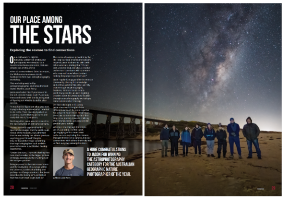 A magazine spread with an article about stars and the cosmos on the left page, and a group of seven people standing outdoors under a starry night sky on the right page.