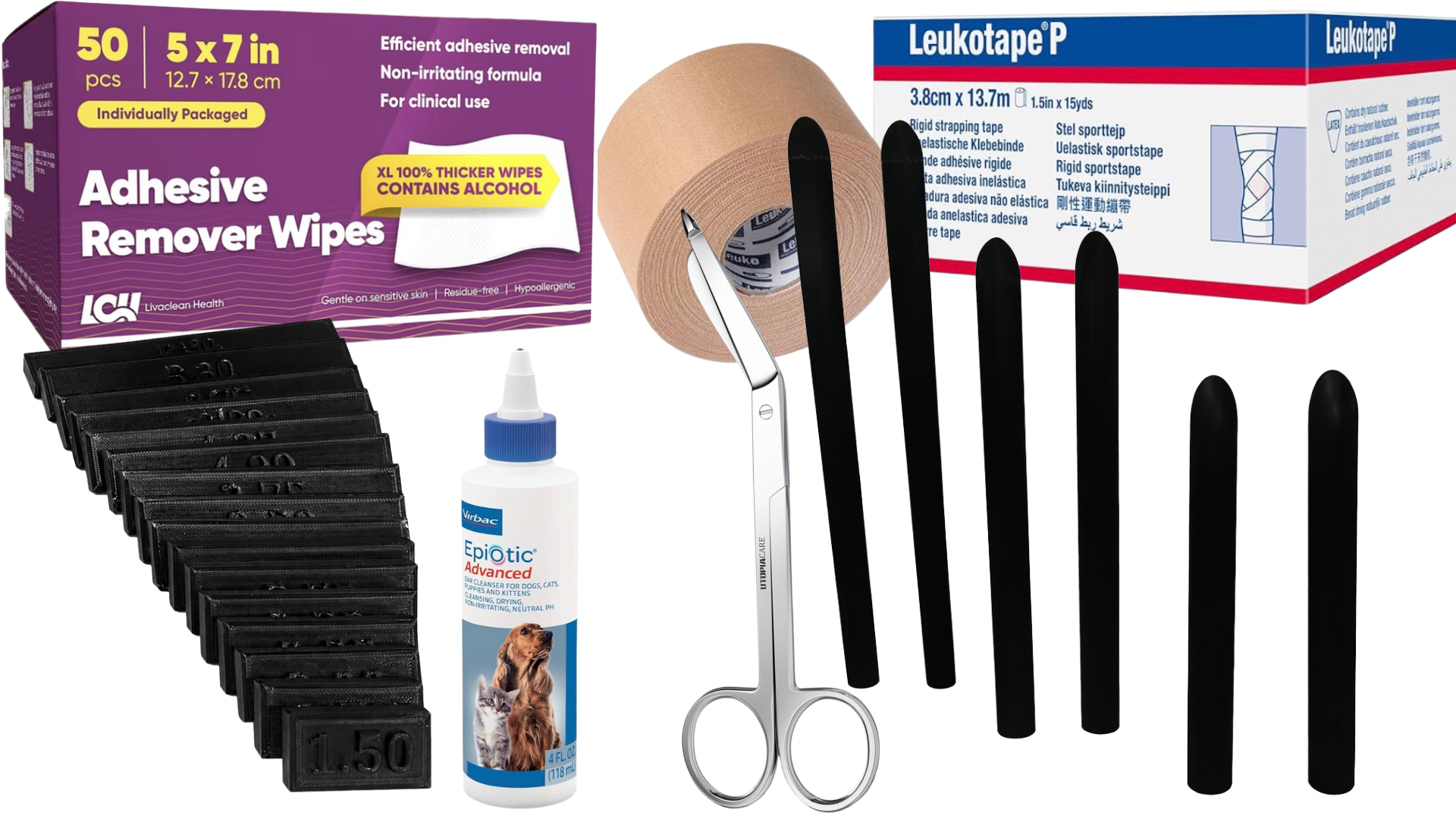 A cardboard box labeled 'Arrowhead Dobermans Ear Post Kit' on a wooden surface next to two black magic marker pens, a roll of brown tape, and two small packets labeled 'Arrowhead Dobermans'.