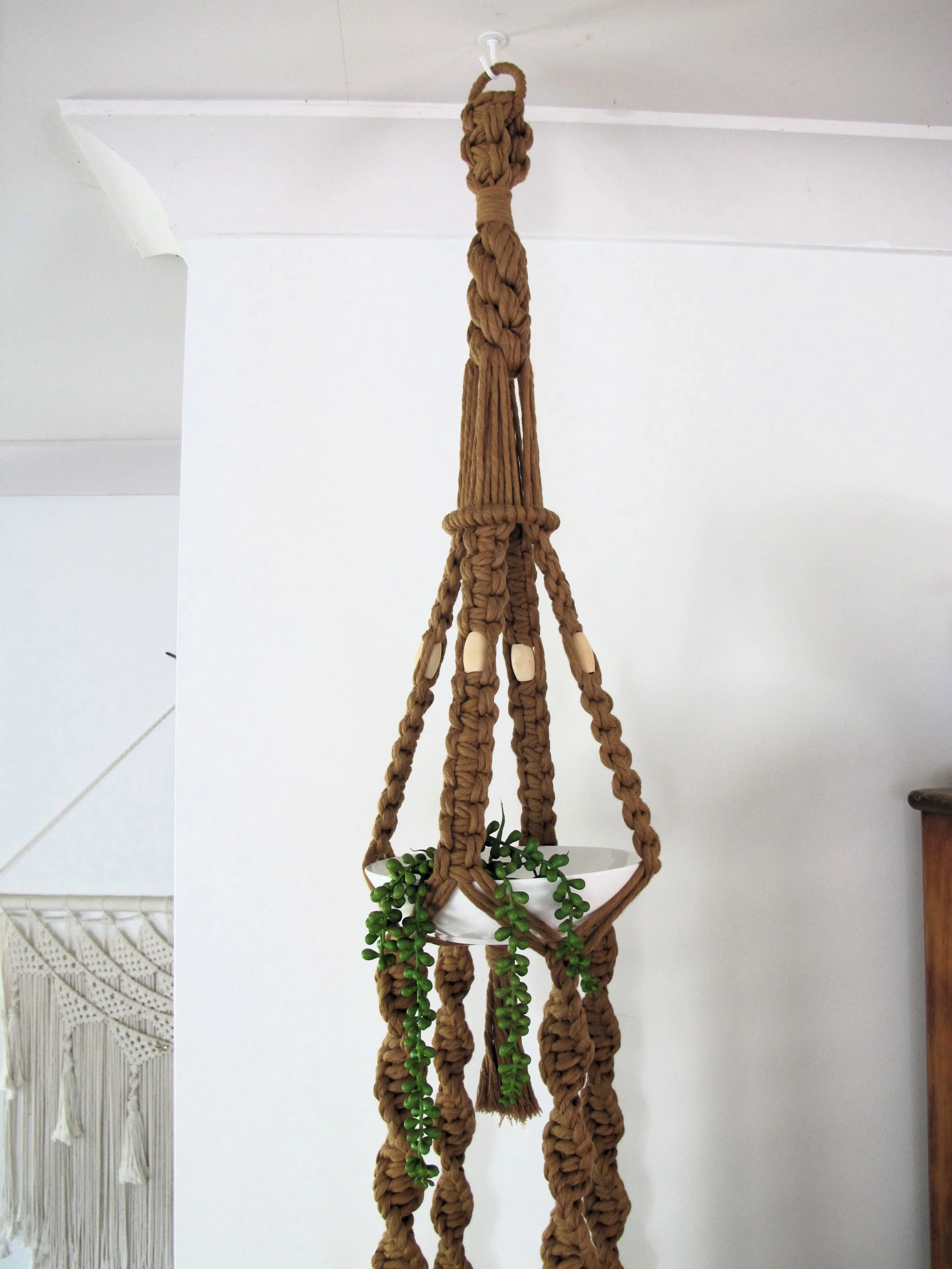 Double Plant Hanger hanging from ceiling pictured with greenery