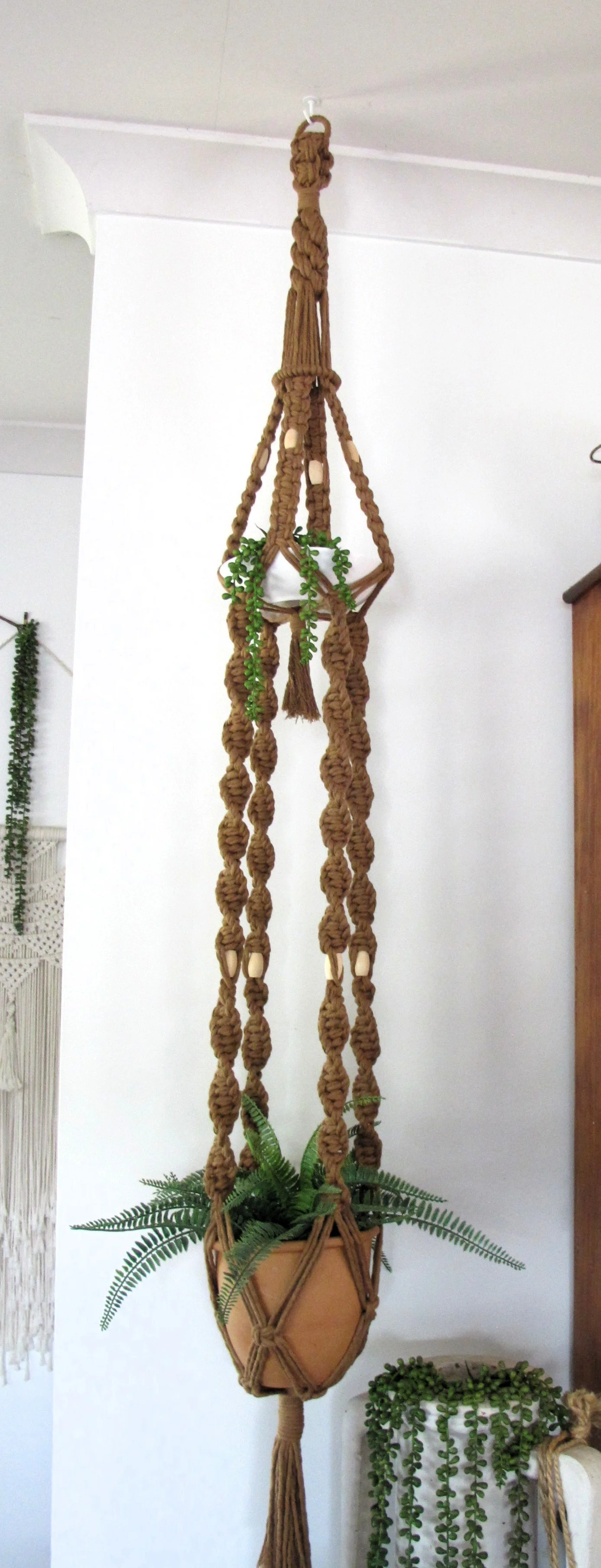 Almond colour double macrame plant hanger. Handmade. 70s boho macrame