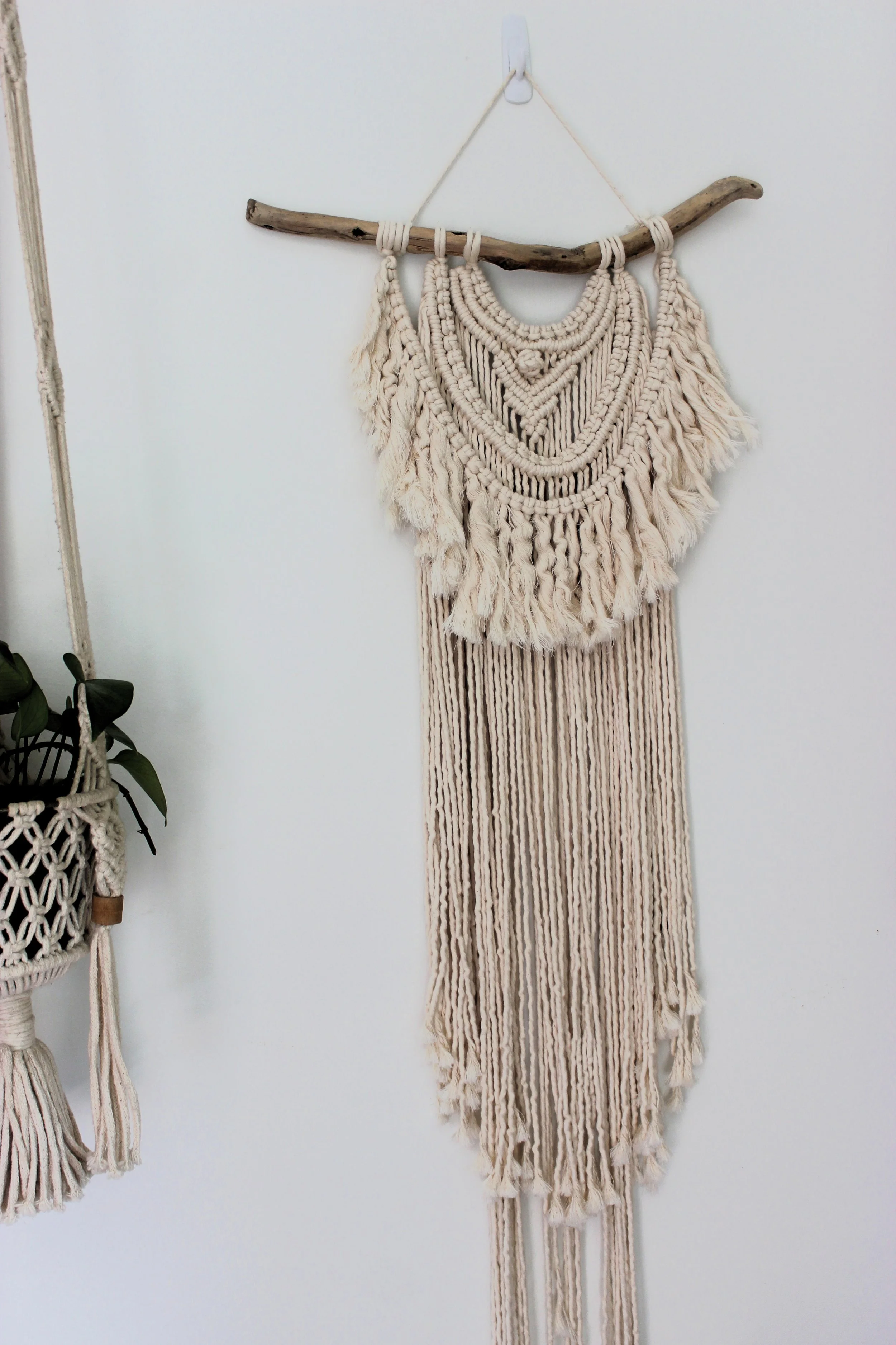 Macrame wall hanging with fringing and layering. Style next to a macrame plant hanger.