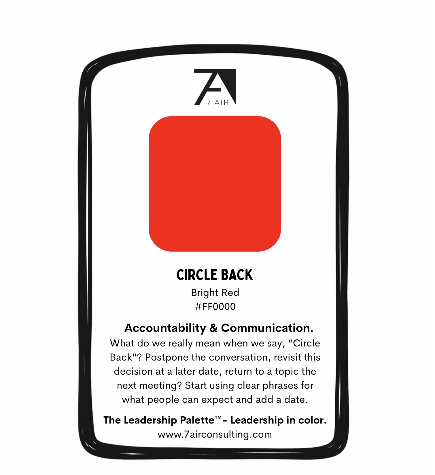 Image of a paint color sample card showing a bright red color labeled 'Circle Back'. The card is branded with '7 AIR' at the top and includes text about accountability and communication, with the bottom listing a website 'www.7airconsulting.com'.