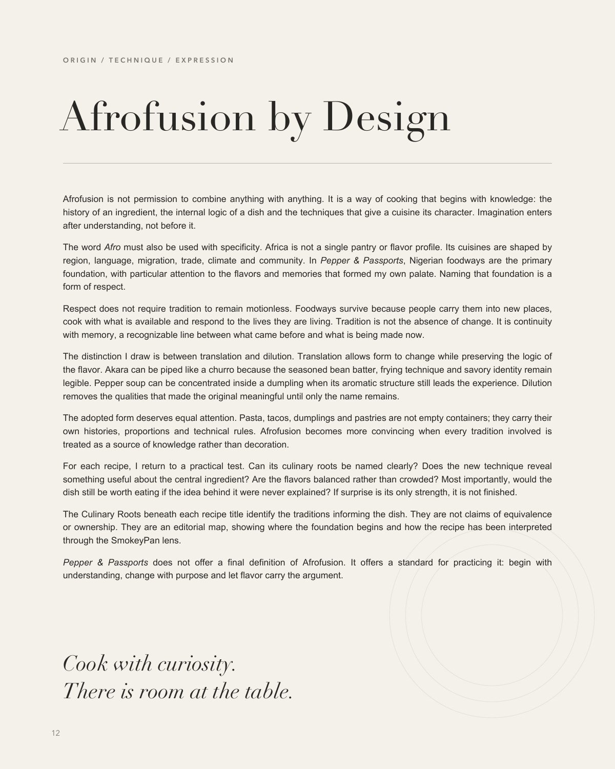 Afrofusion by Design essay page from SmokeyPan's forthcoming cookbook