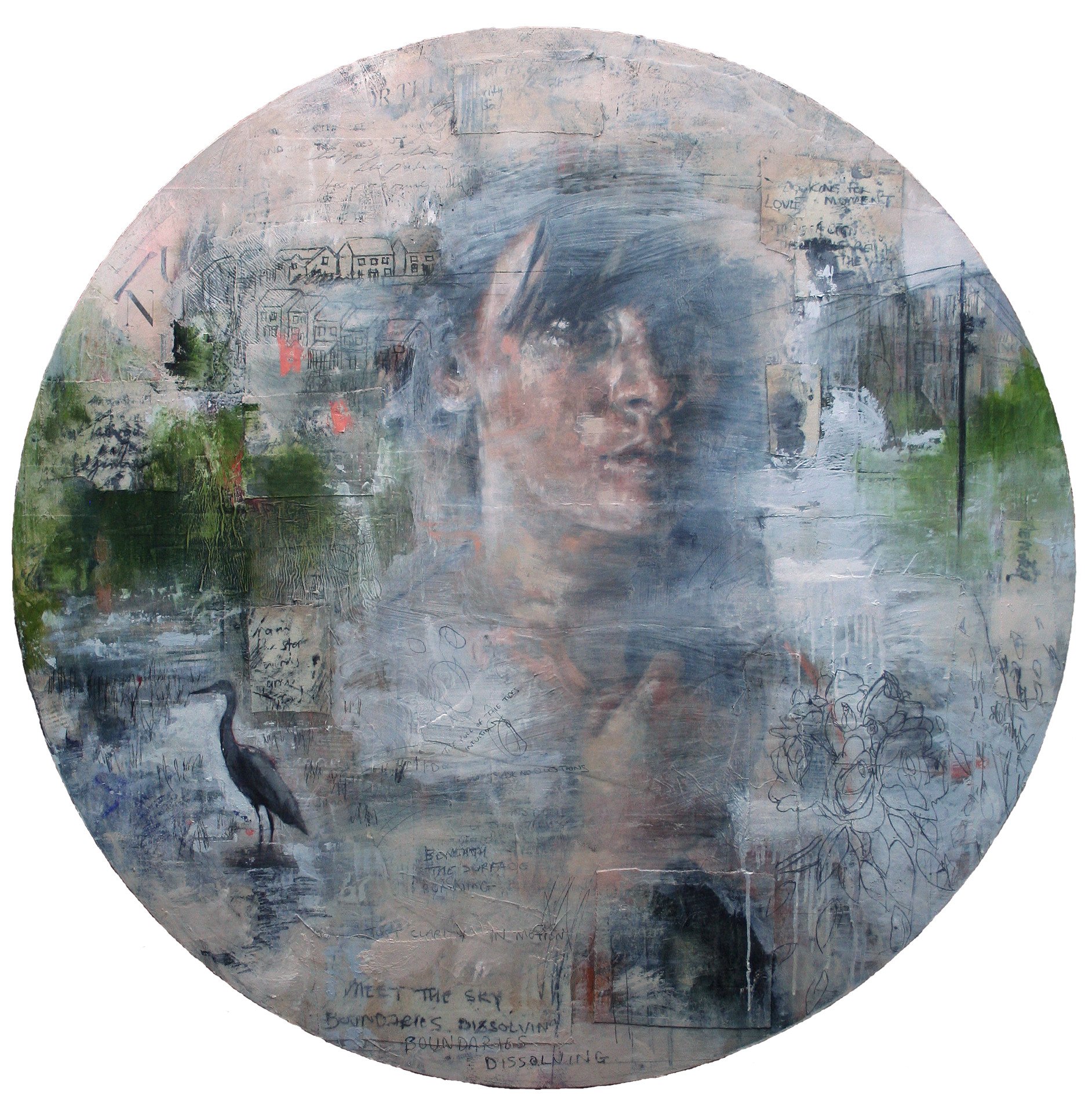 The River | Acrylic, Spray Paint, Collage, Oil paint and Oil stick on Circular wood panel | 110cm | 2025