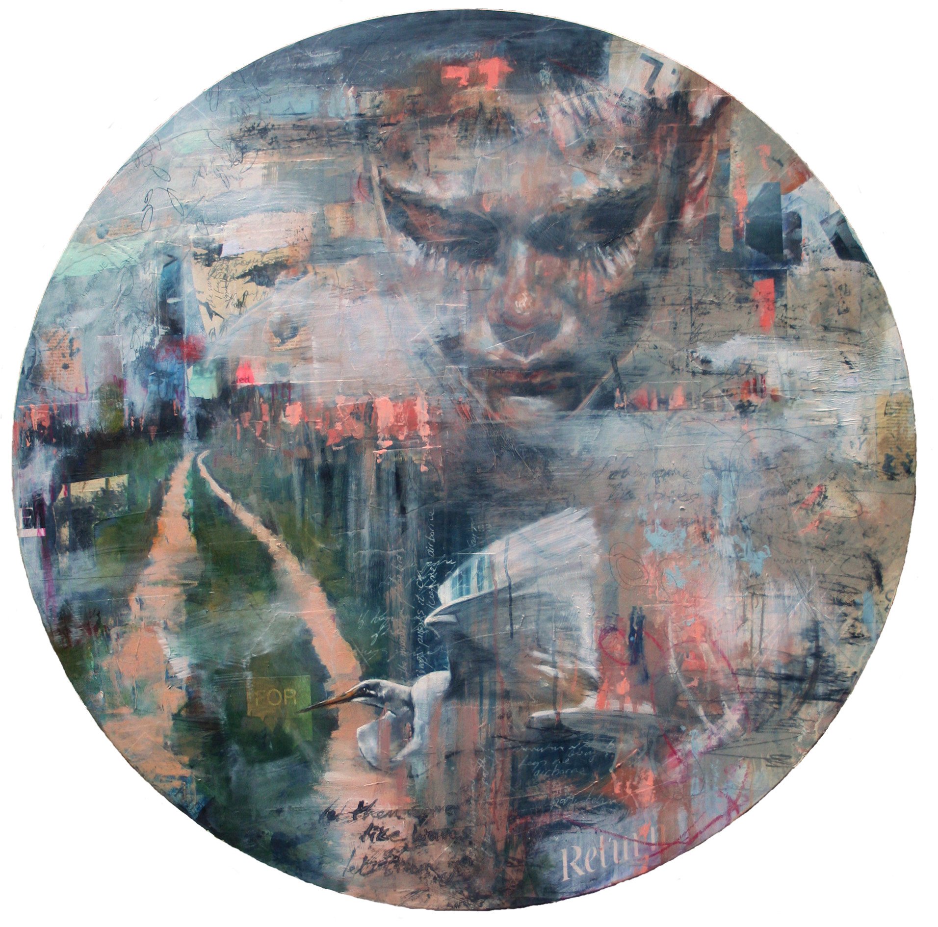 Flightpath | Acrylic, Spray Paint, Collage, Oil paint and Oil stick on circular wood panel | 110cm | 2025
