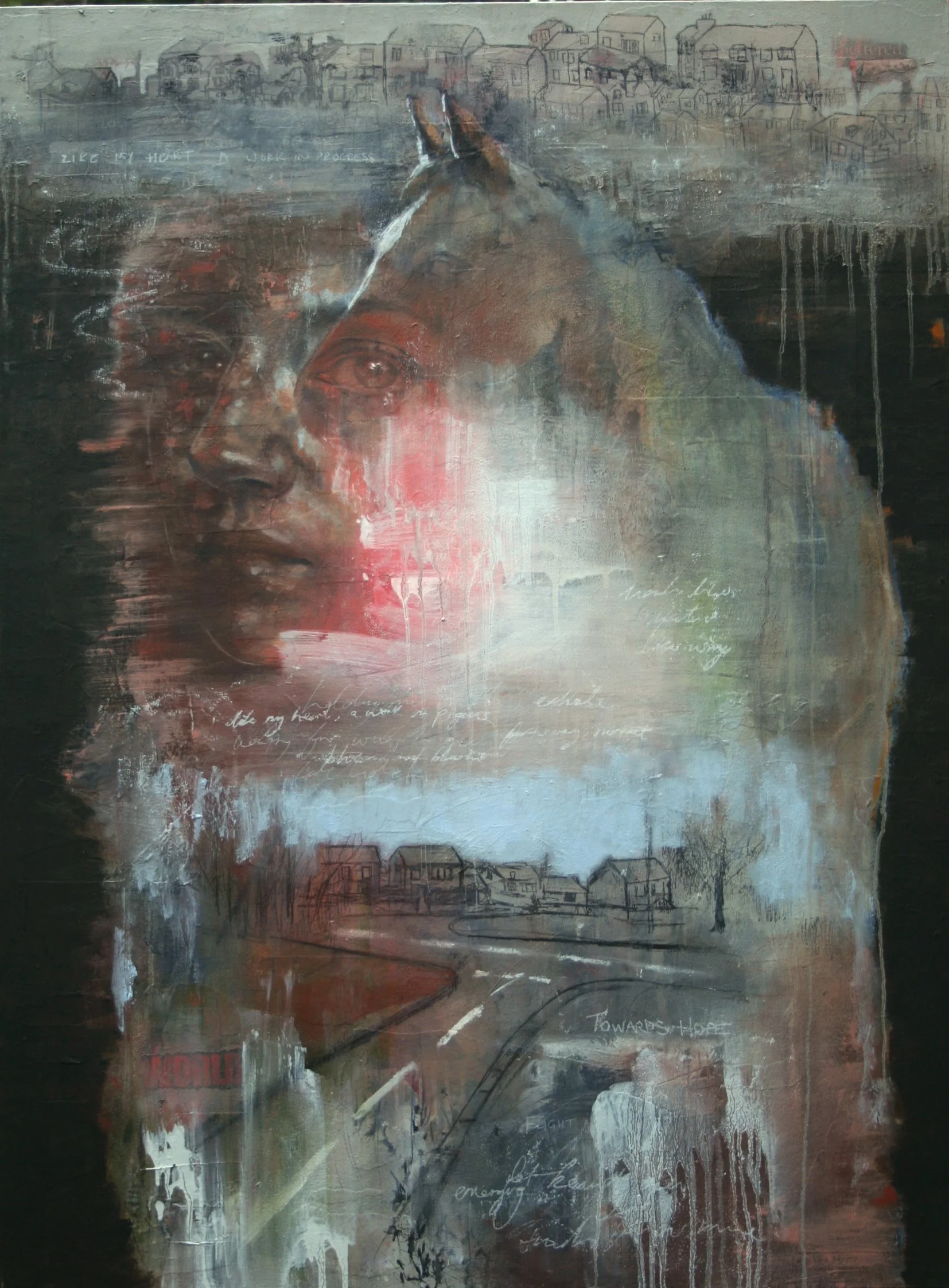 Towards Hope | 120cmx90cm | Acrylic, Spray Paint, Collage and Oil paint on canvas | 2026