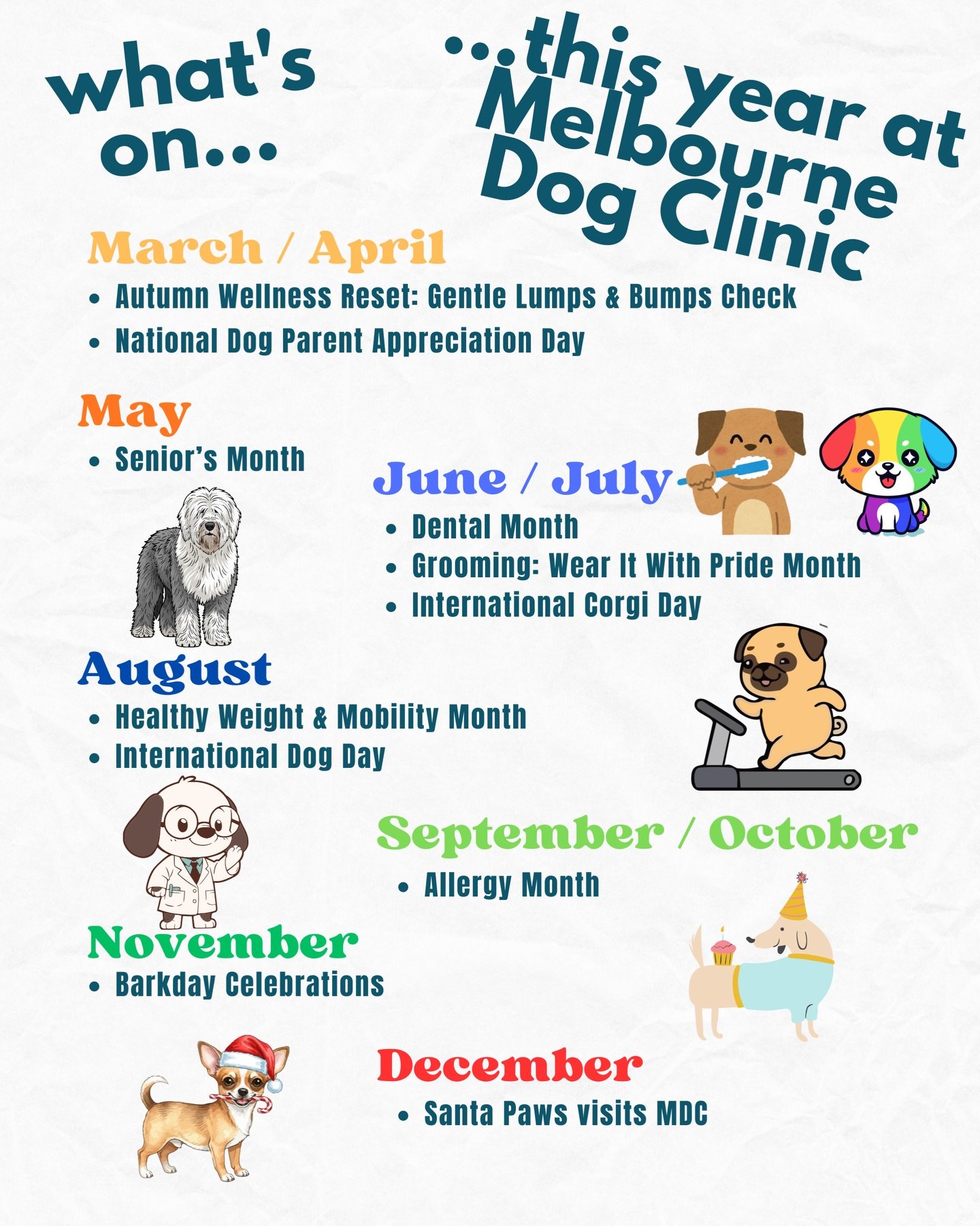 We have lots planned at Melbourne Dog Clinic for our second year. 

Commencing with our Lumps &amp; Bumps checks in Autumn and quickly followed up with Seniors Month in May before the weather gets colder. 🍁

We have a big surprise for our grooming c