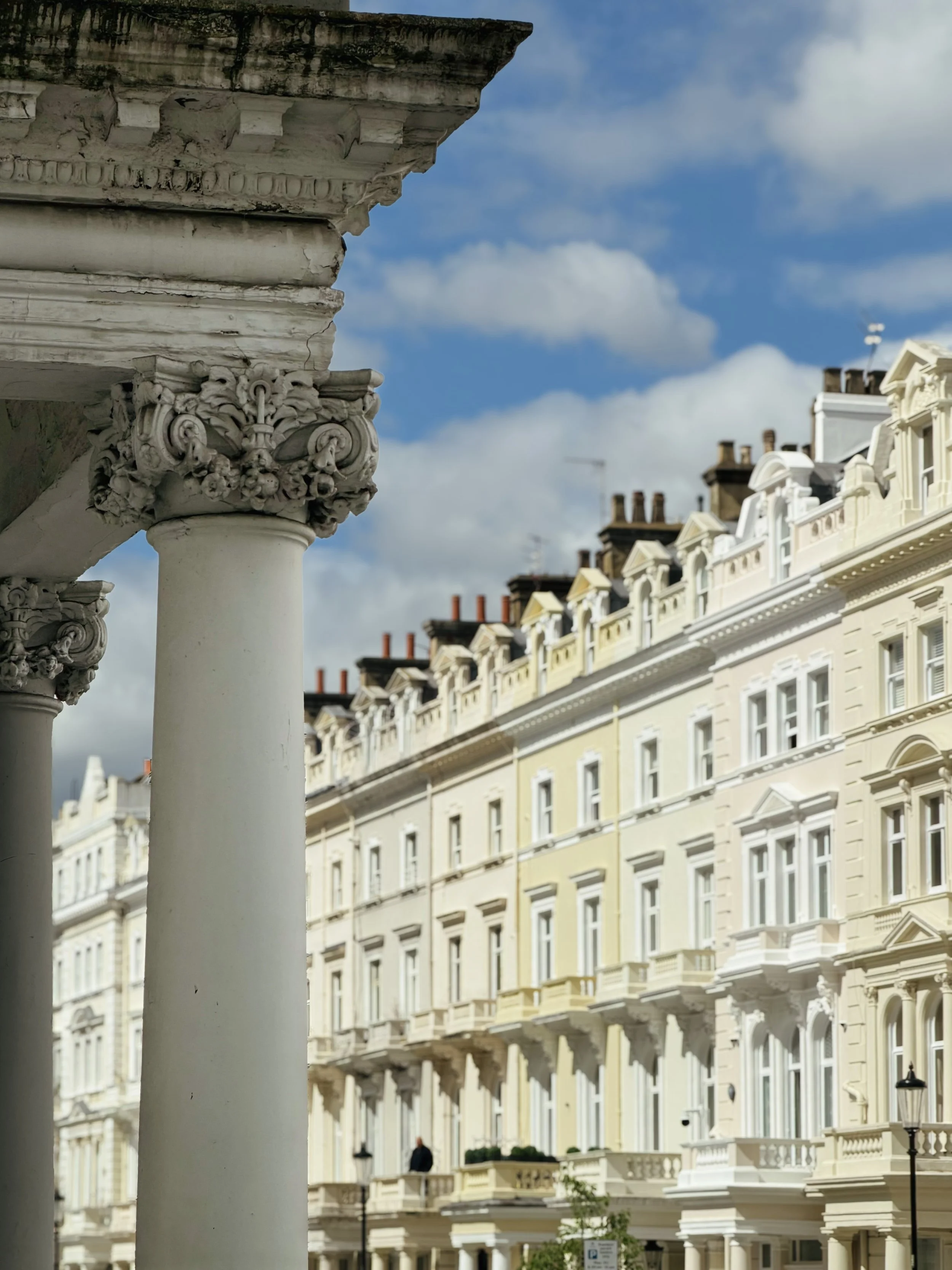 The magnificent stucco of South Kensington. Grand white terraces, full of confidence and elegance, glowing in the spring sunshine. I have always loved walking around here and imagining these houses being built &mdash; the sound of carriages arriving 