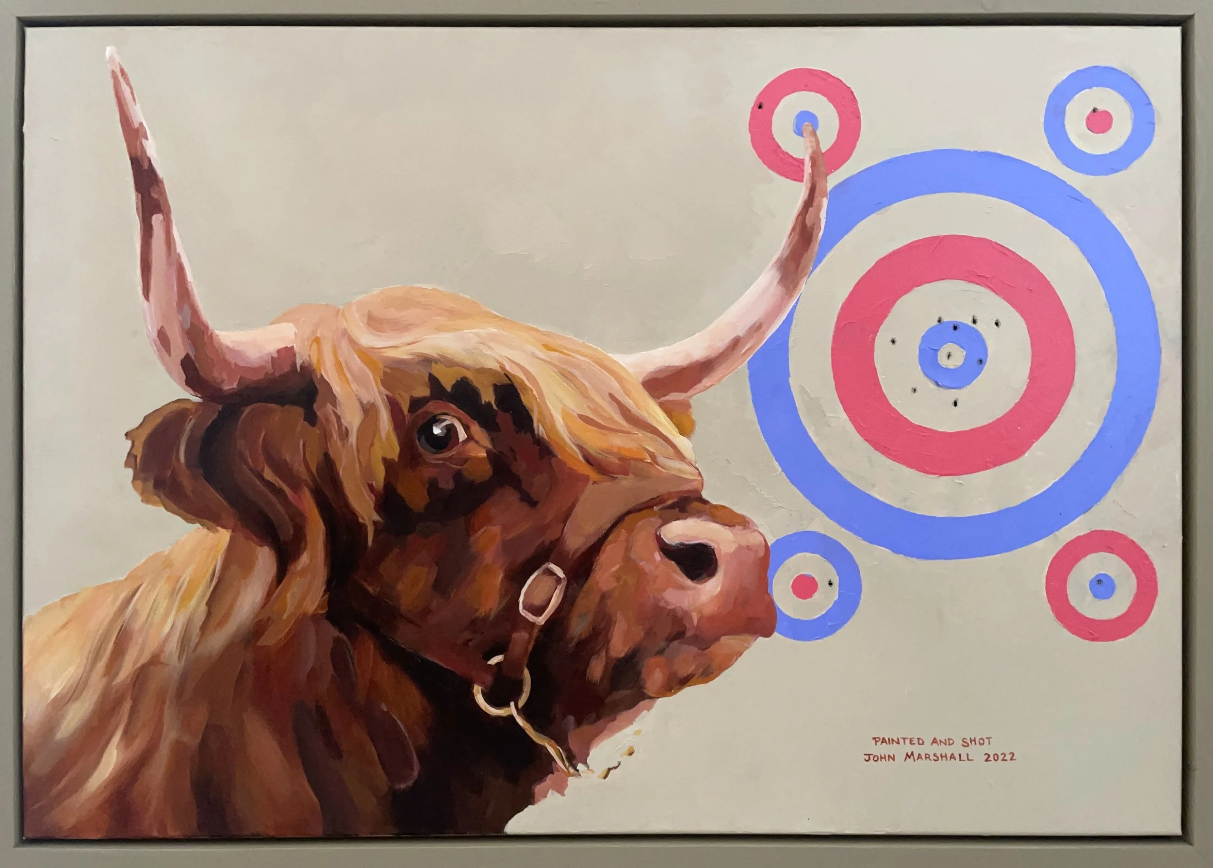 ‘Colour - Painted and Shot’ £800. Oil on Canvas. 110 x 80cm size includes Painted Frame