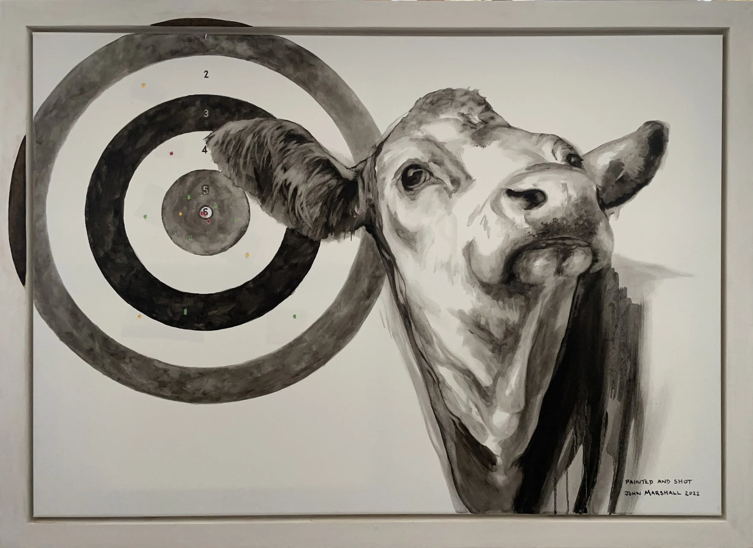 ‘Landscape - Painted and Shot’  £800. Oil on Canvas. 110 x 80cm size includes Painted Frame