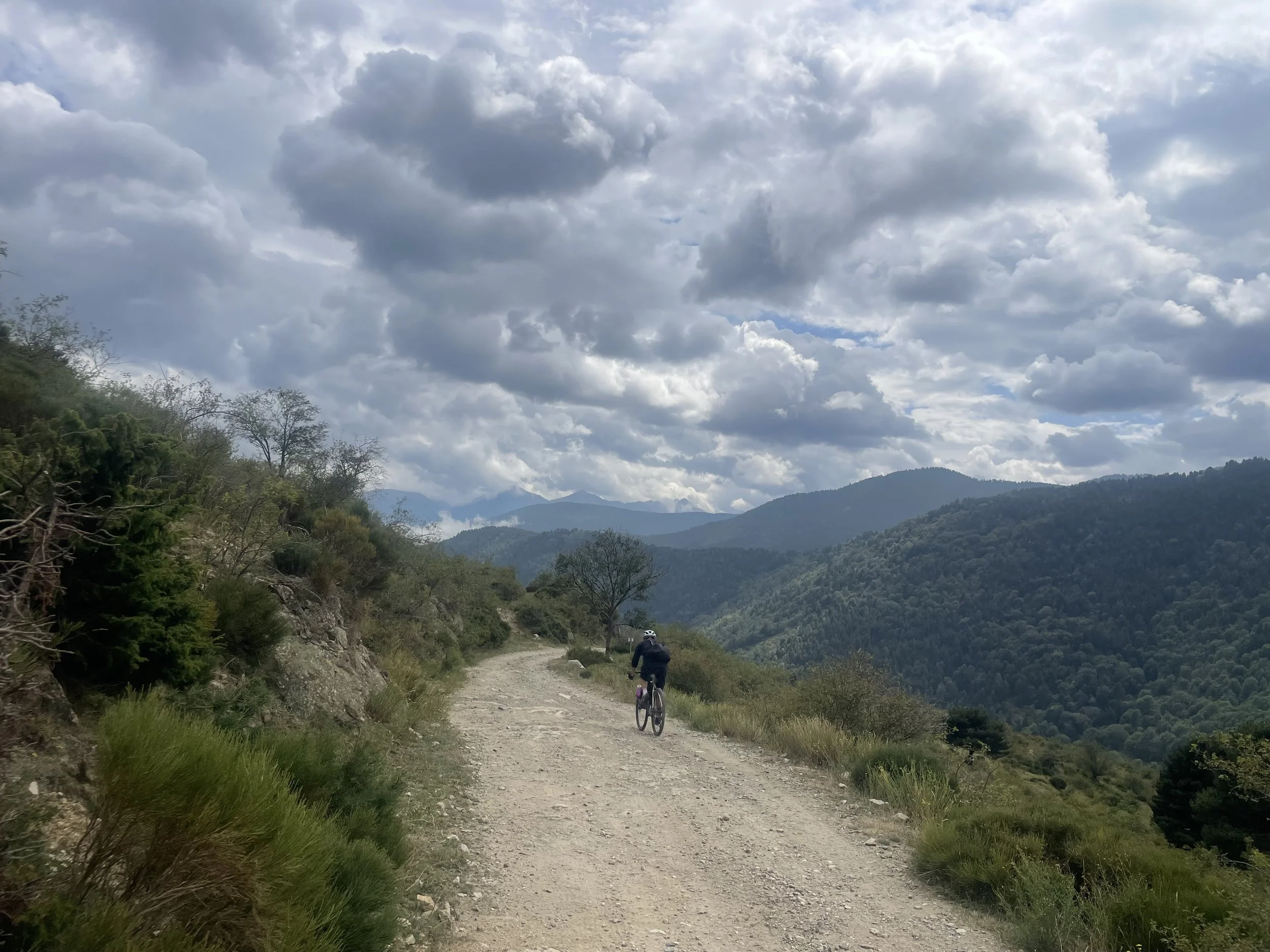 A bike rider on a wide gravel track with tree covered valley to the right and mountains beyond.