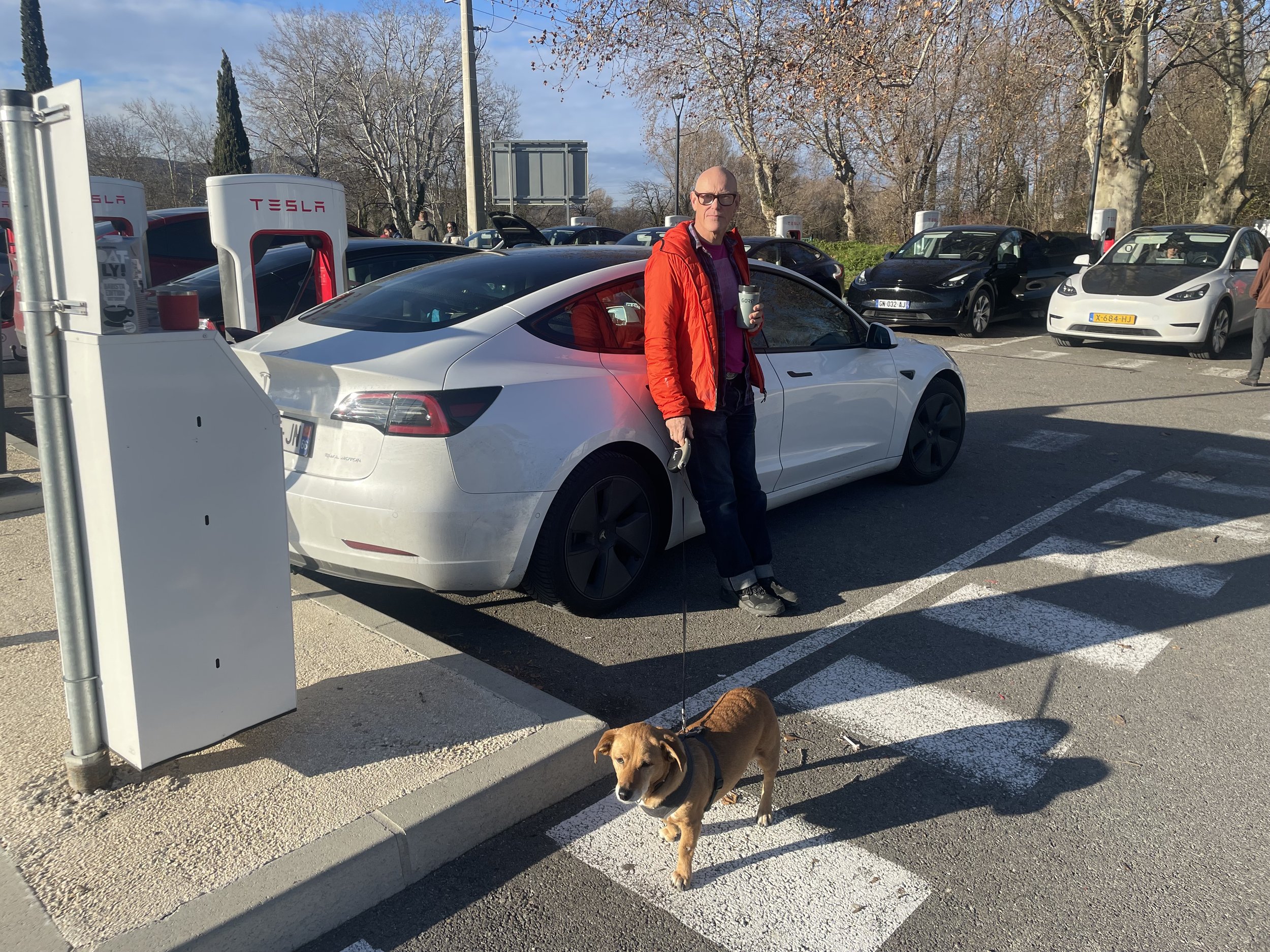 Tesla charging whilst a man leans against it holding a coffee with a dog on a lead