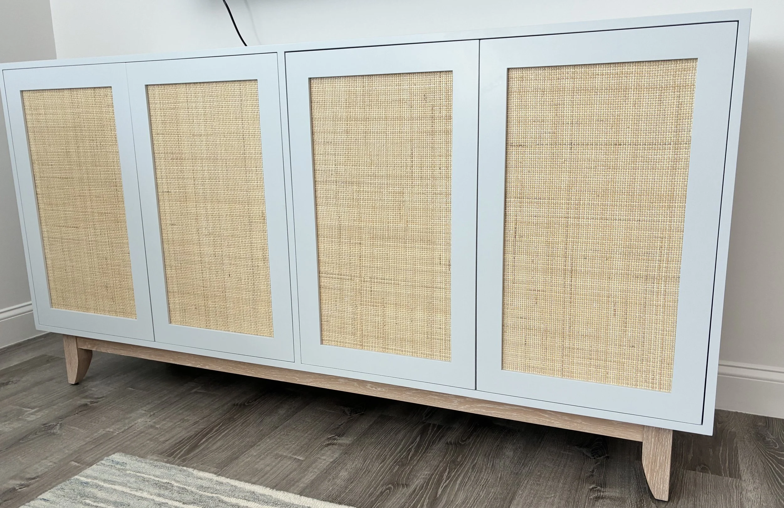 Hard Maple Credenza painted in SW North Star with Cane Webbing and White Oak base