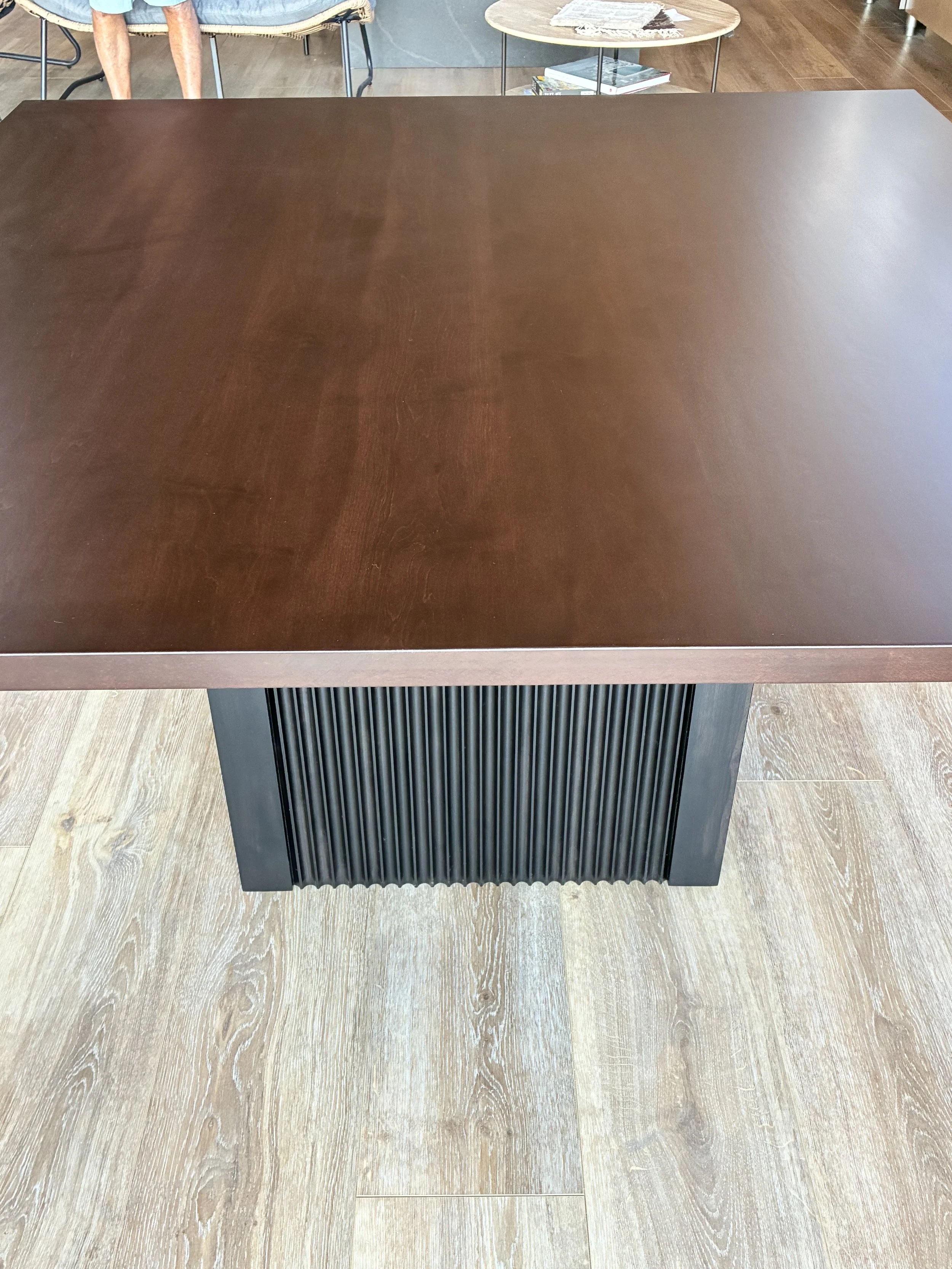 Hard Maple Modern Square Dining Table stained in an Espresso Brown with a custom fluted black stained based