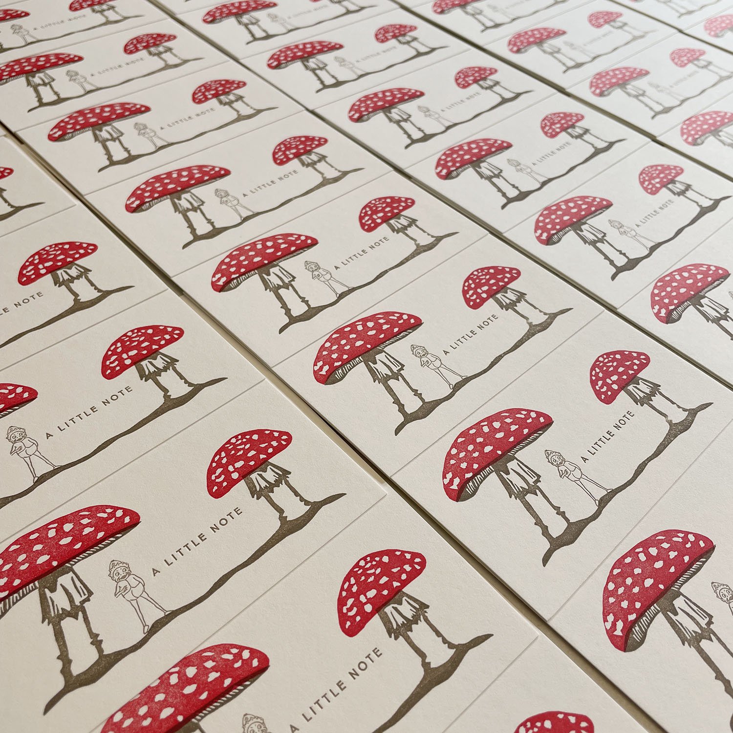 Letterpress notecards Palmer Cox Brownie and red mushrooms 