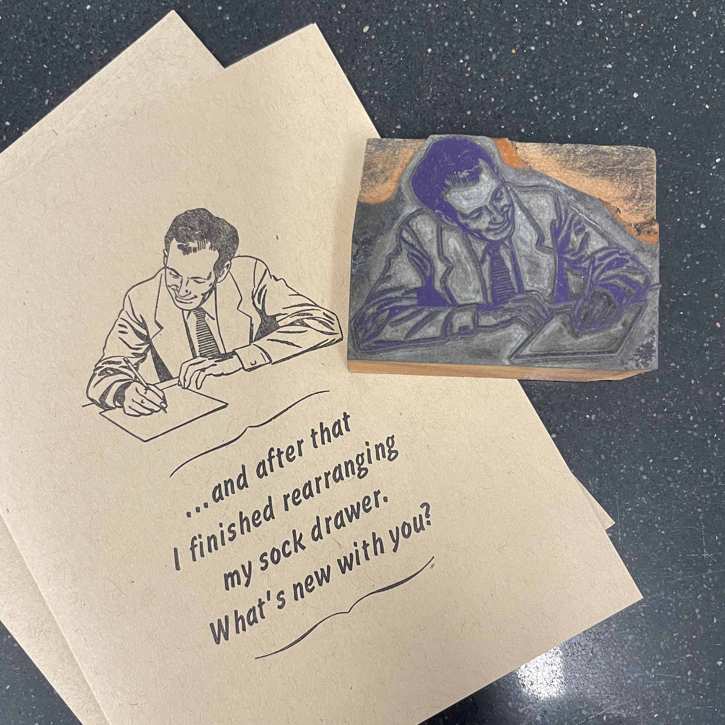 Letterpress greeting card What's New printers cut