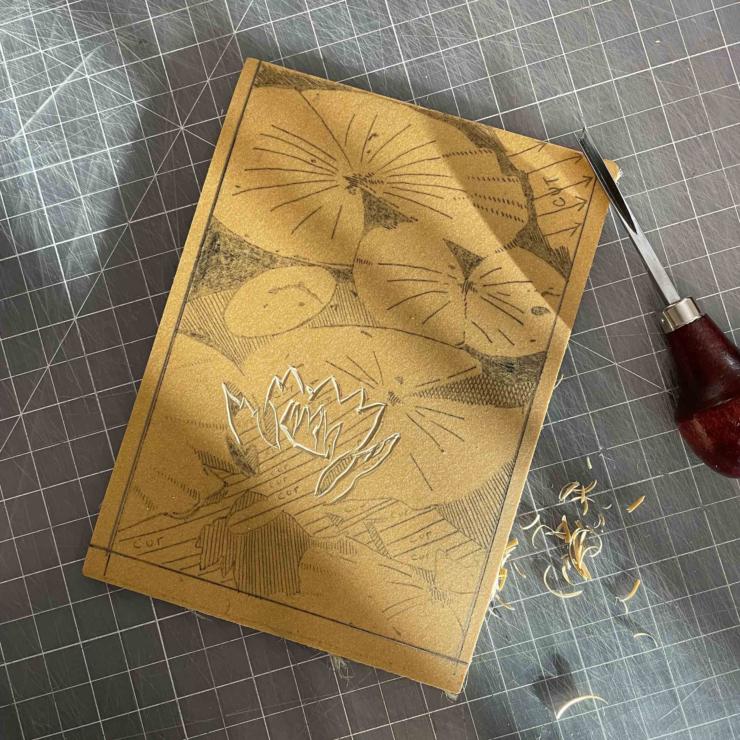 Mirror Lake Lily Linocut block 1