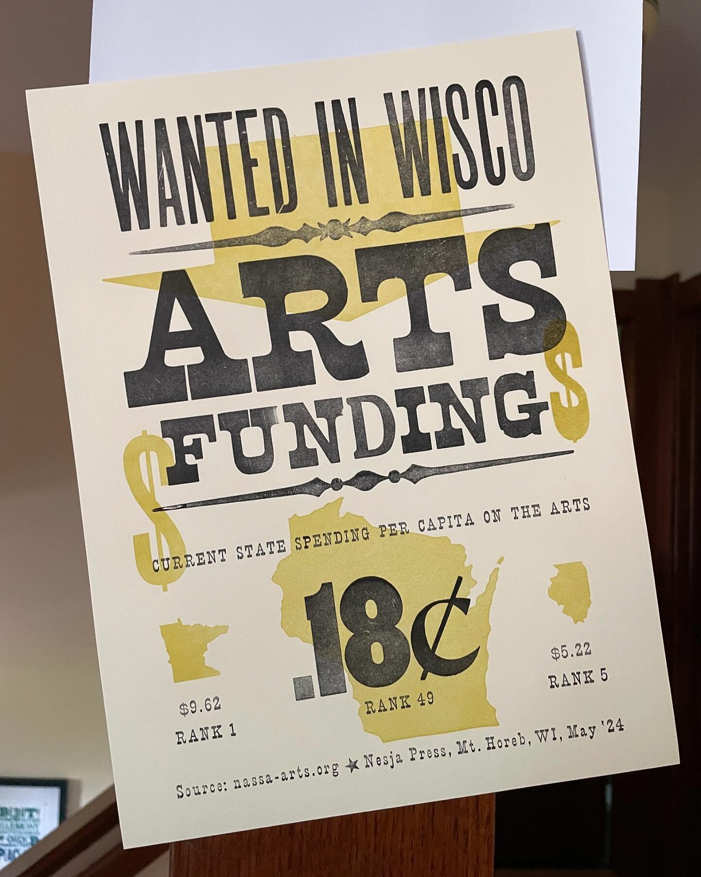 Yikes! Did you know Wisconsin ranks 49 out of 50 states for public funding of the arts? Visit Nesja Press today (May 19) from 10 - 5 to pull a free poster and help spread the word! 307 Green Street, Mount Horeb, WI. 
#wisconsinarts #nassa #danearts #