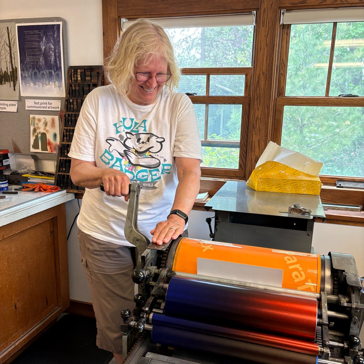 Our studio guests are enjoying this year's free make-and-take letterpress print! We've got lots of relief printed artwork and cards for sale too. Plus artist friend, Jane Nass, is set up in our living room with her beautiful mixed media assemblage wo