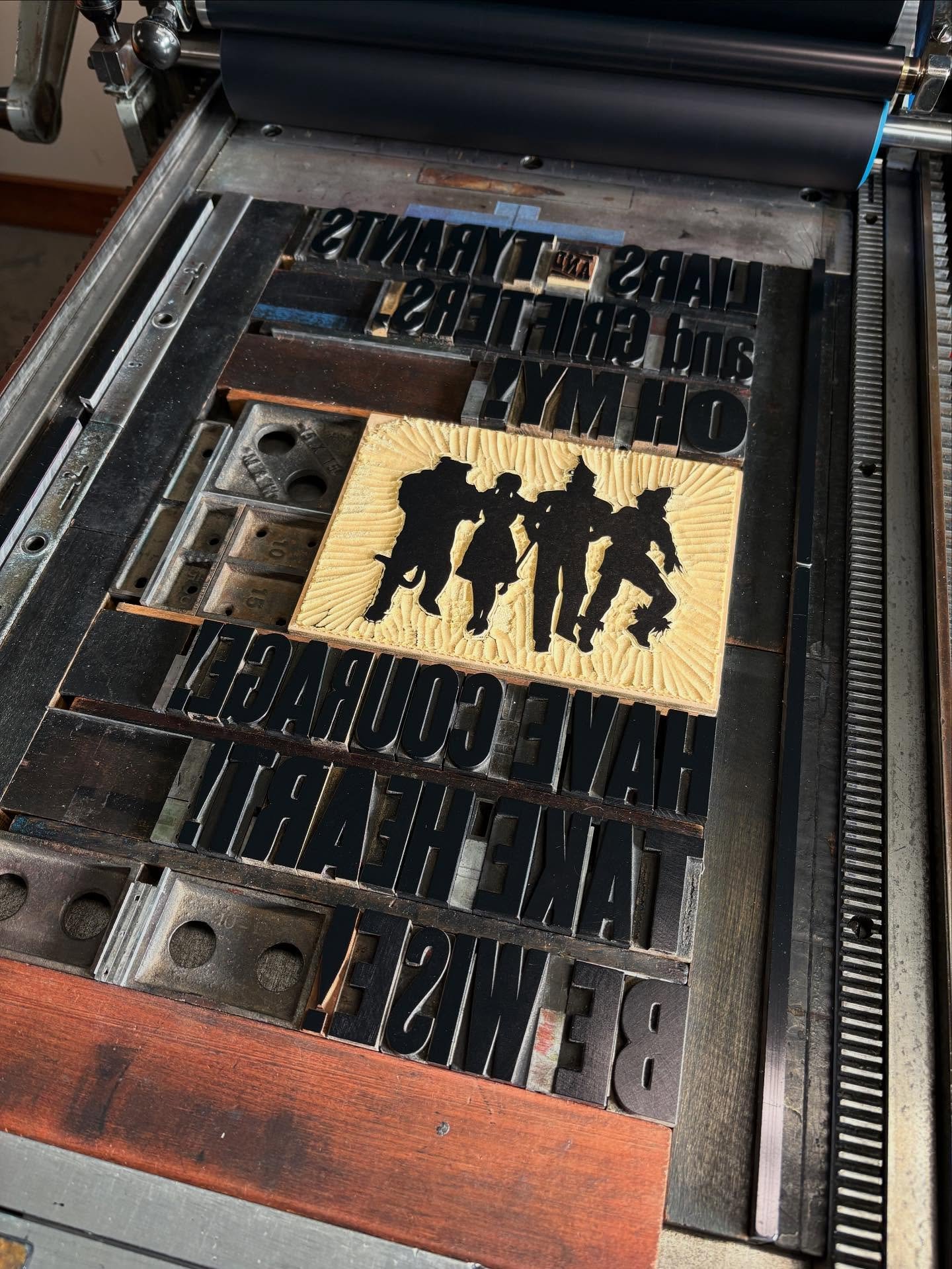 Sneak peek at a new poster design Christy is working on. Art therapy for the times! To be used at a peaceful protest this Saturday 🎨👊

#wisconsinletterpress 
#woodtype 
#linocut
