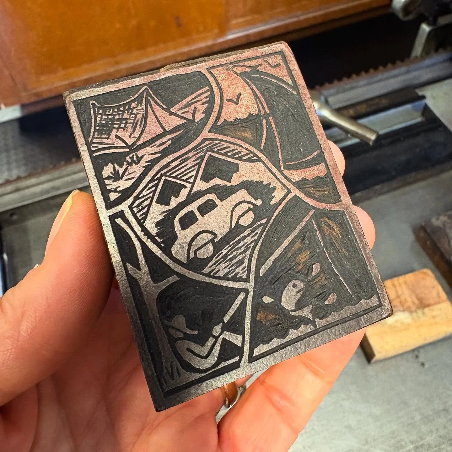 Over the summer we picked up this old printers cut. We love the history written on the side. Today we proofed it and wondered if it was last printed in 1947. The artist, Ellen Thompson from West High School, certainly created a delightful scene!

#wi