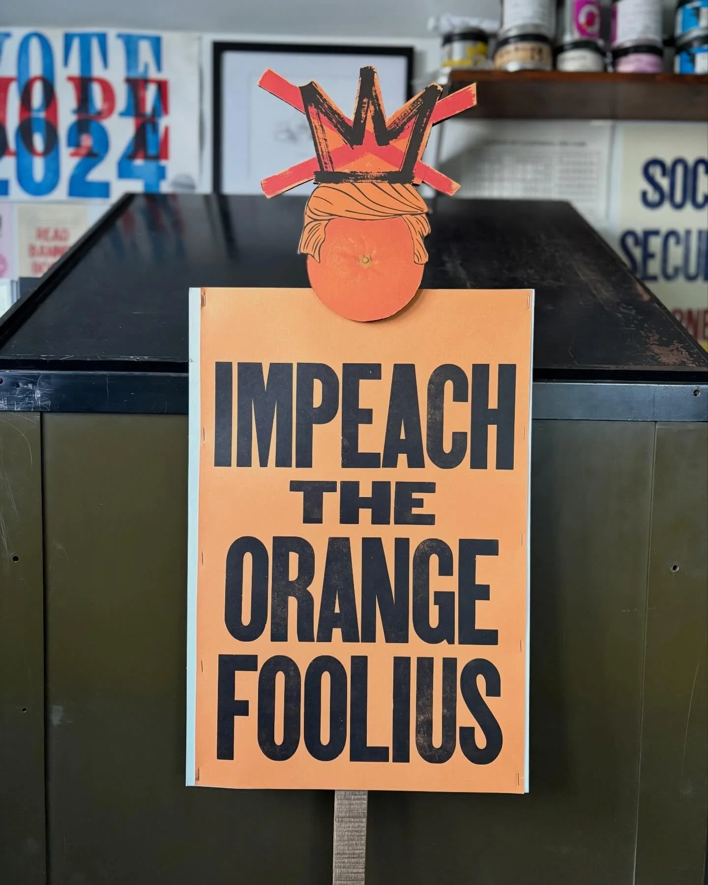 New signs for No Kings, we are ready! Letterpress printing by Christy, cartooning by Paul.

#wisconsinletterpress 
#nokings 
#protestposters