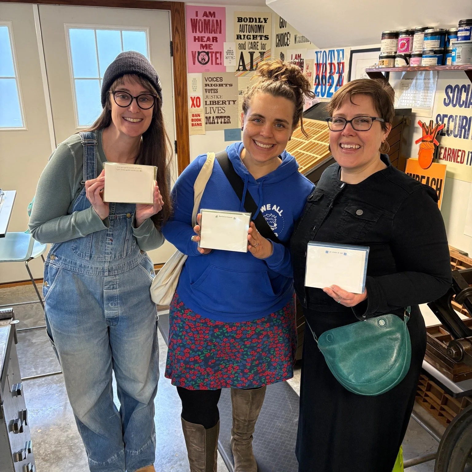 We enjoyed hosting this talented friend trio in our studio for an "Intro to Typesetting and Letterpress" workshop. They learned to handset metal type, and print their own notecards on our C&amp;P Pilot press. Their custom designs turned out
