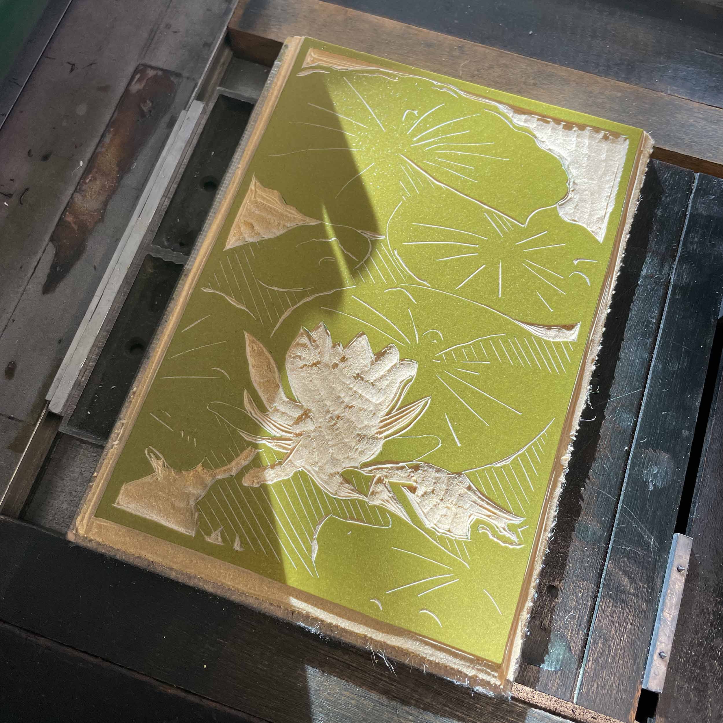 Mirror Lake Lily Linocut block 4