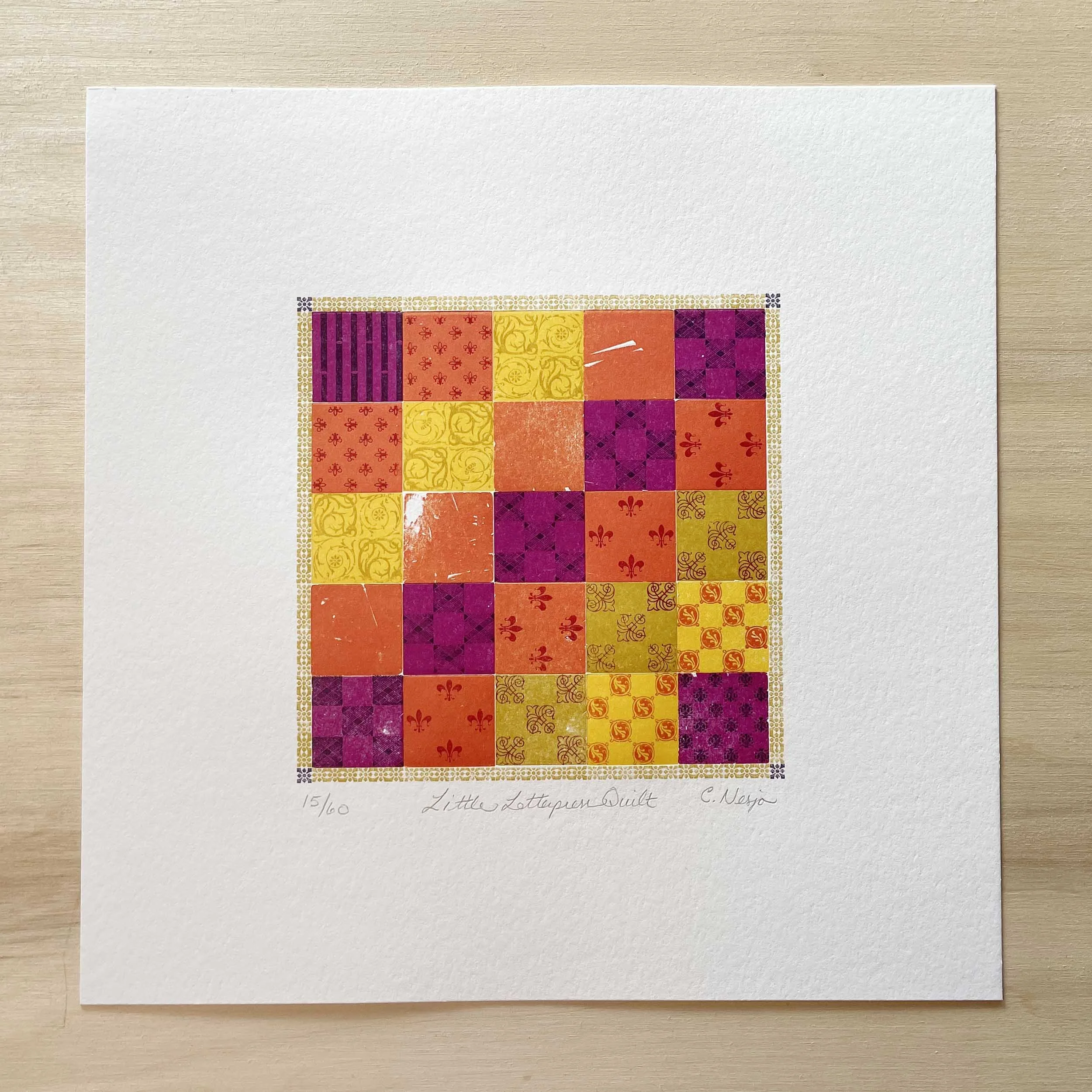 Bold color patchwork quilt printed on white paper in shades of orange, yellow, and purple. Each square within the larger square has a different, decorative pattern. Signed and numbered. 10 x 10 trim.