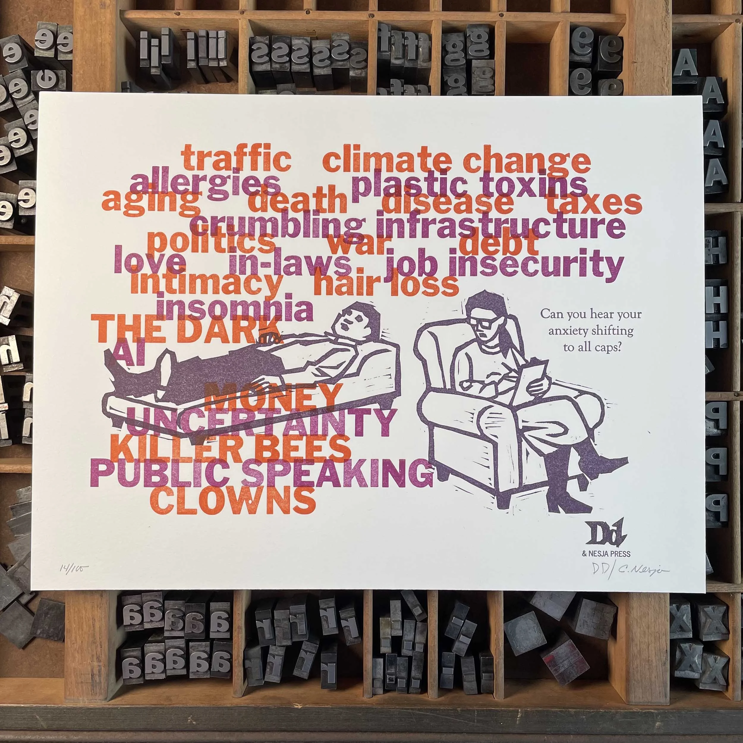 Man lies on a therapist’s couch. Bold orange and purple words—job loss, money, climate change, etc—grow louder, changing to ALL CAPS. Therapist quips: 'Can you hear your anxiety shifting to ALL CAPS?'