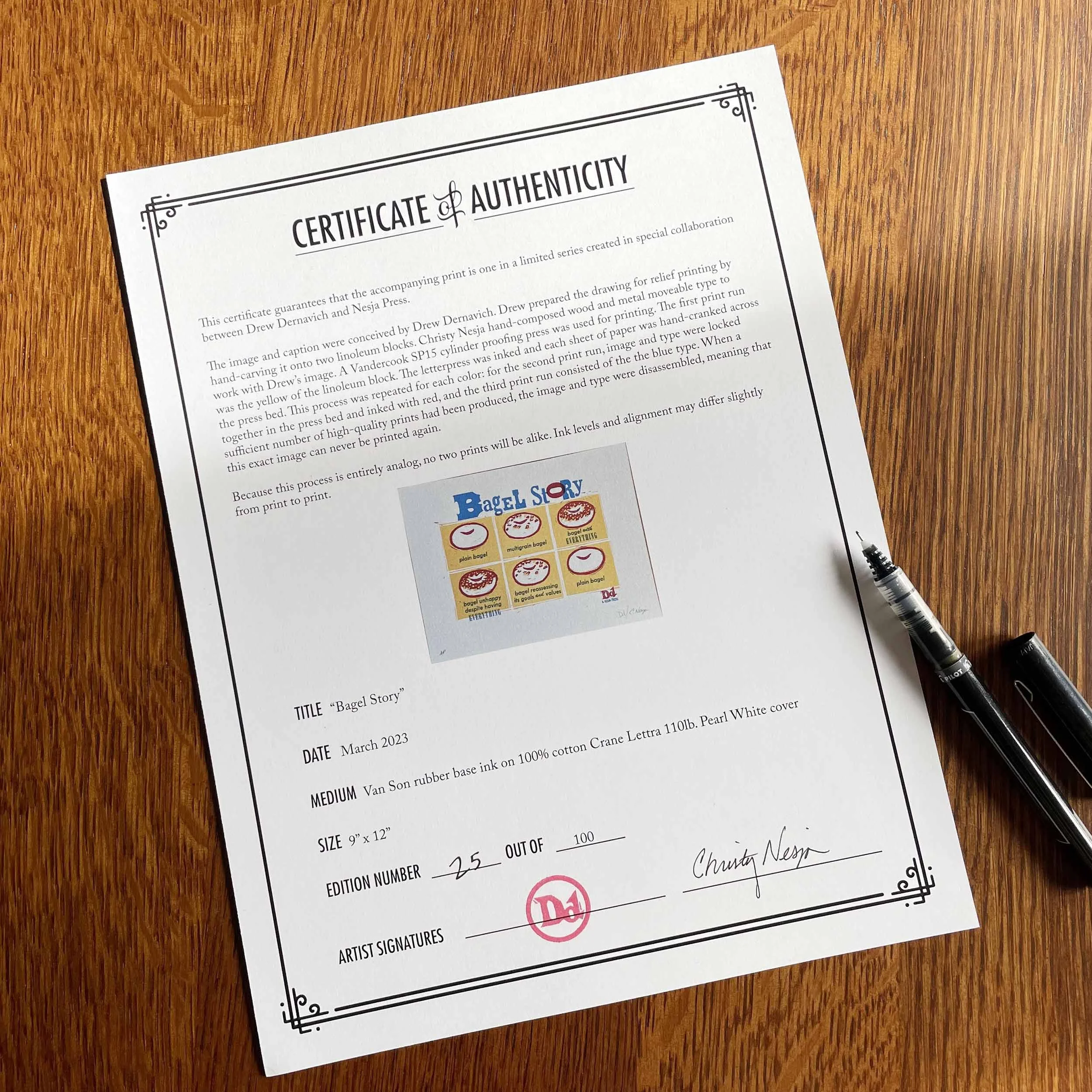 Certificate of Authenticity for a limited edition print titled 'Bagel Story.' The print is 9 x12 inches, edition number 25 of 100, created in March 2023.