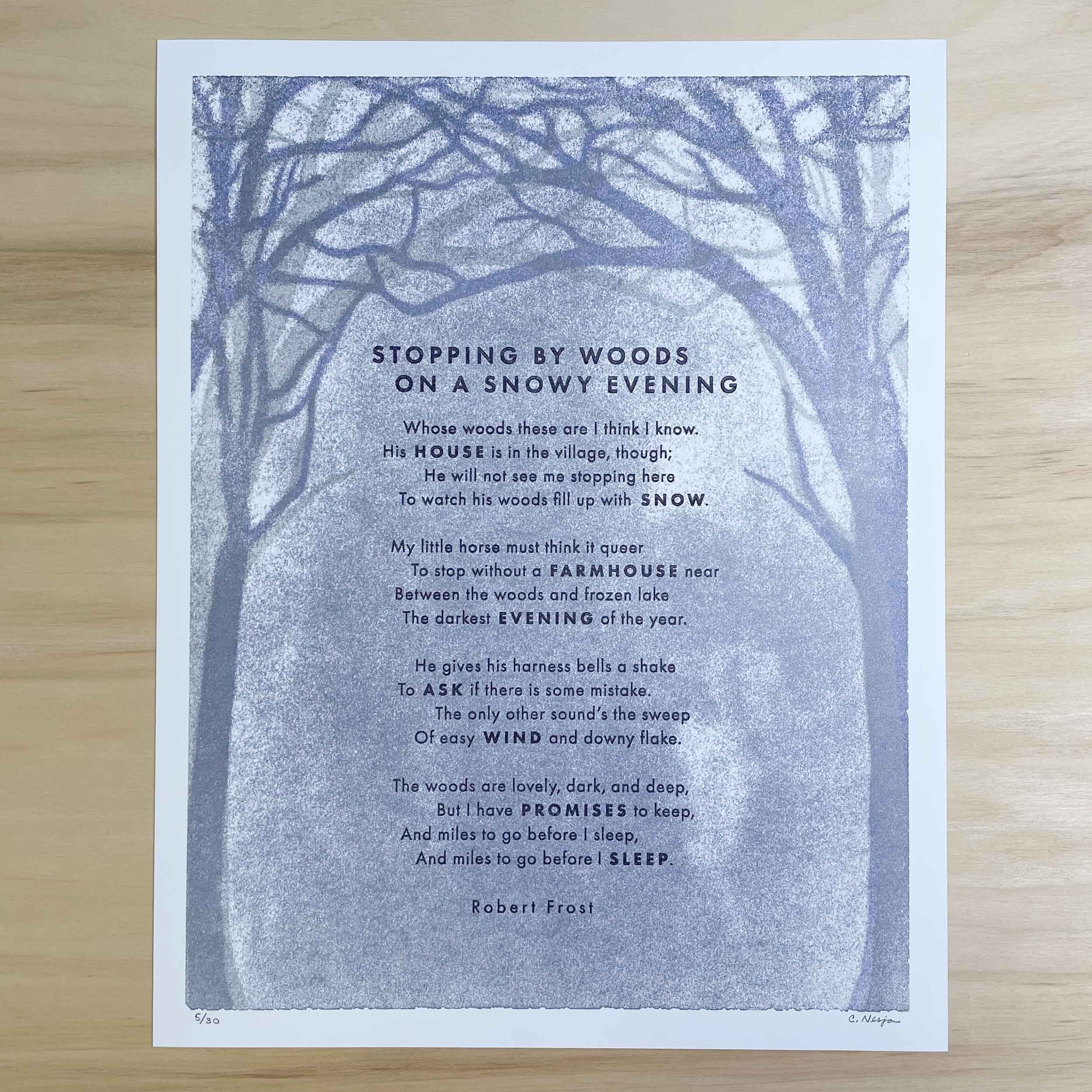Stopping by Woods on a Snowy Evening letterpress broadside