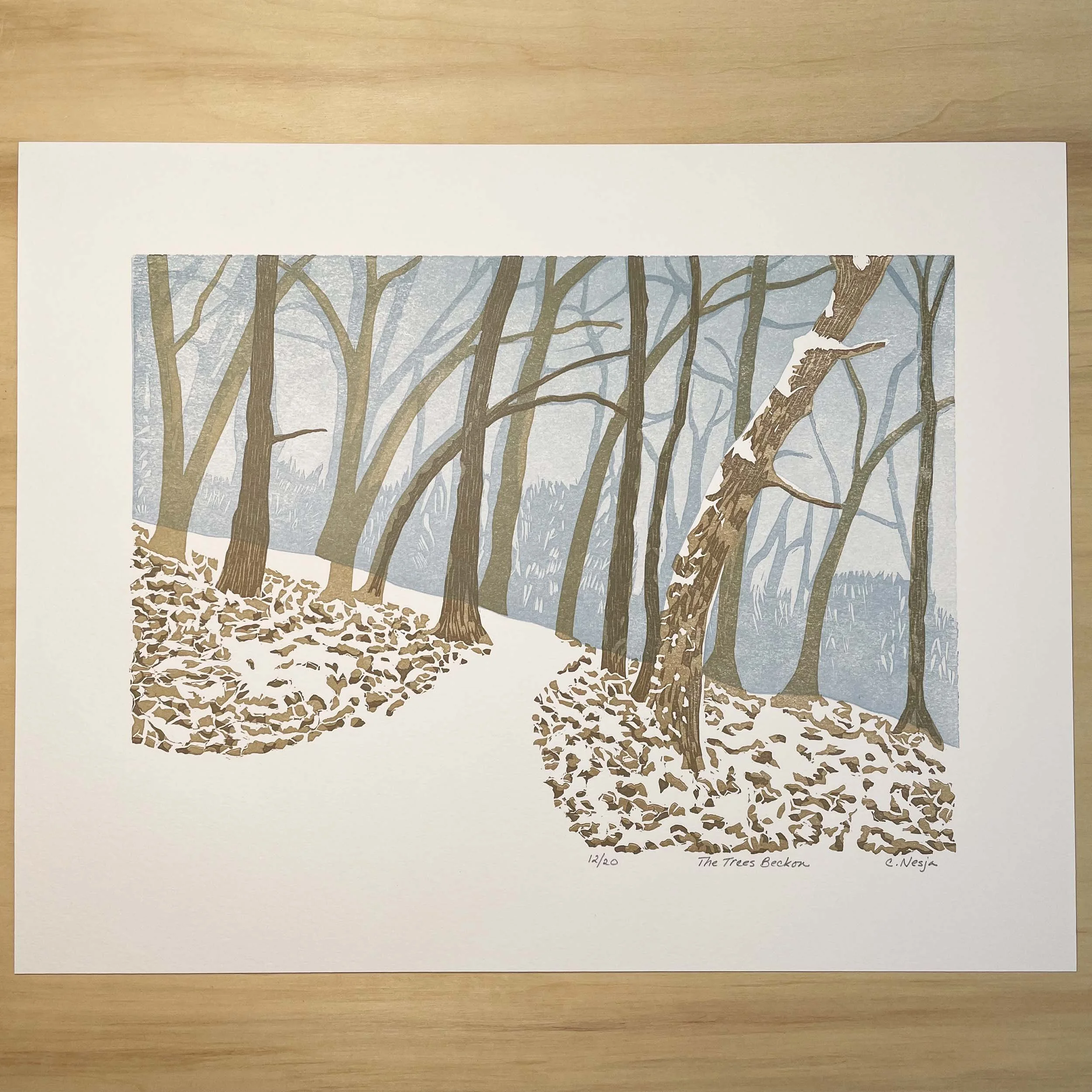 Limited edition linocut print of a snowy winter forest. Tall trees curve together on a hillside, forming a peaceful, cathedral-like scene.