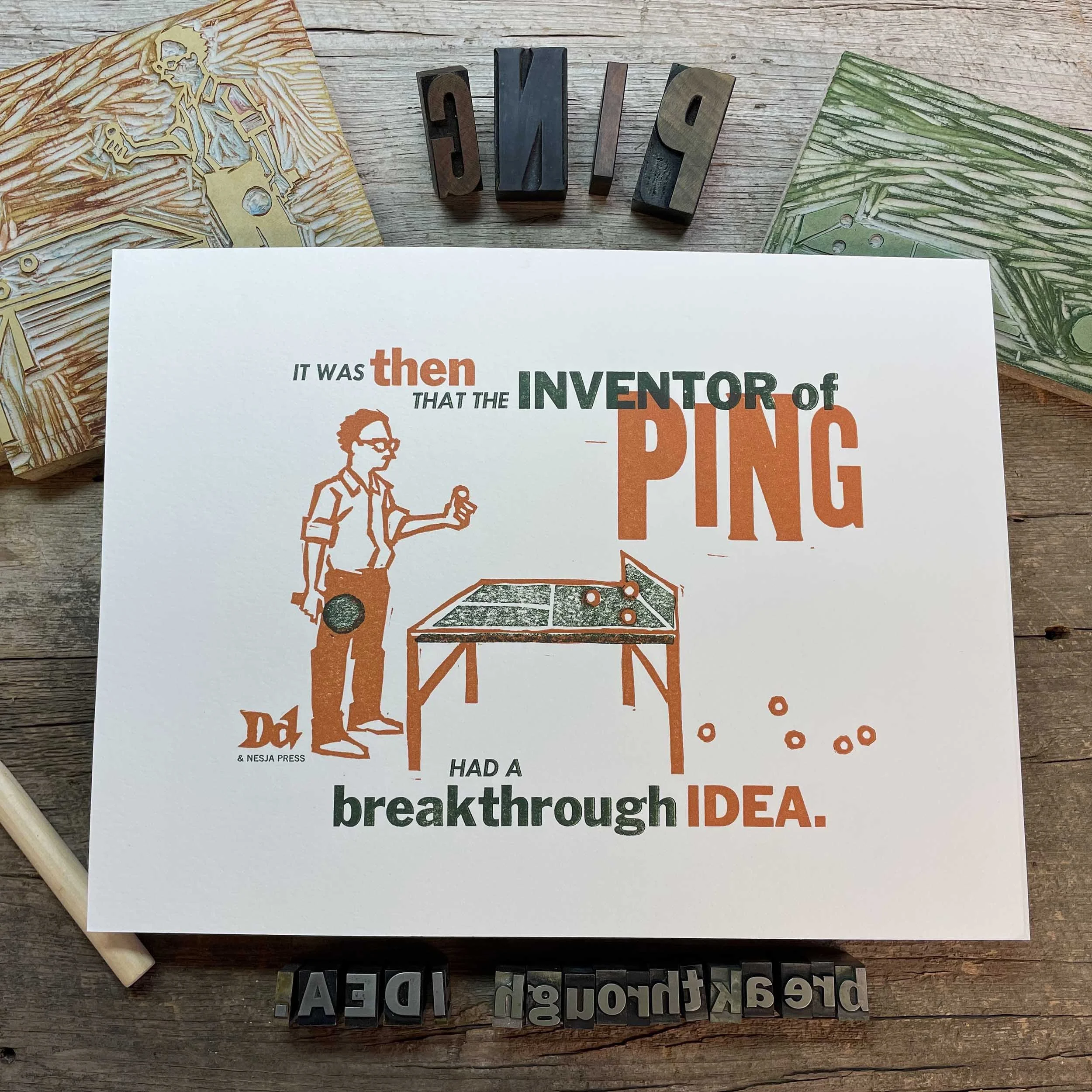 Art print of a man who stands with a paddle at half a ping pong table that ends at the net, balls scattered beyond. Caption: 'It was then that the inventor of PING had a brilliant idea.'